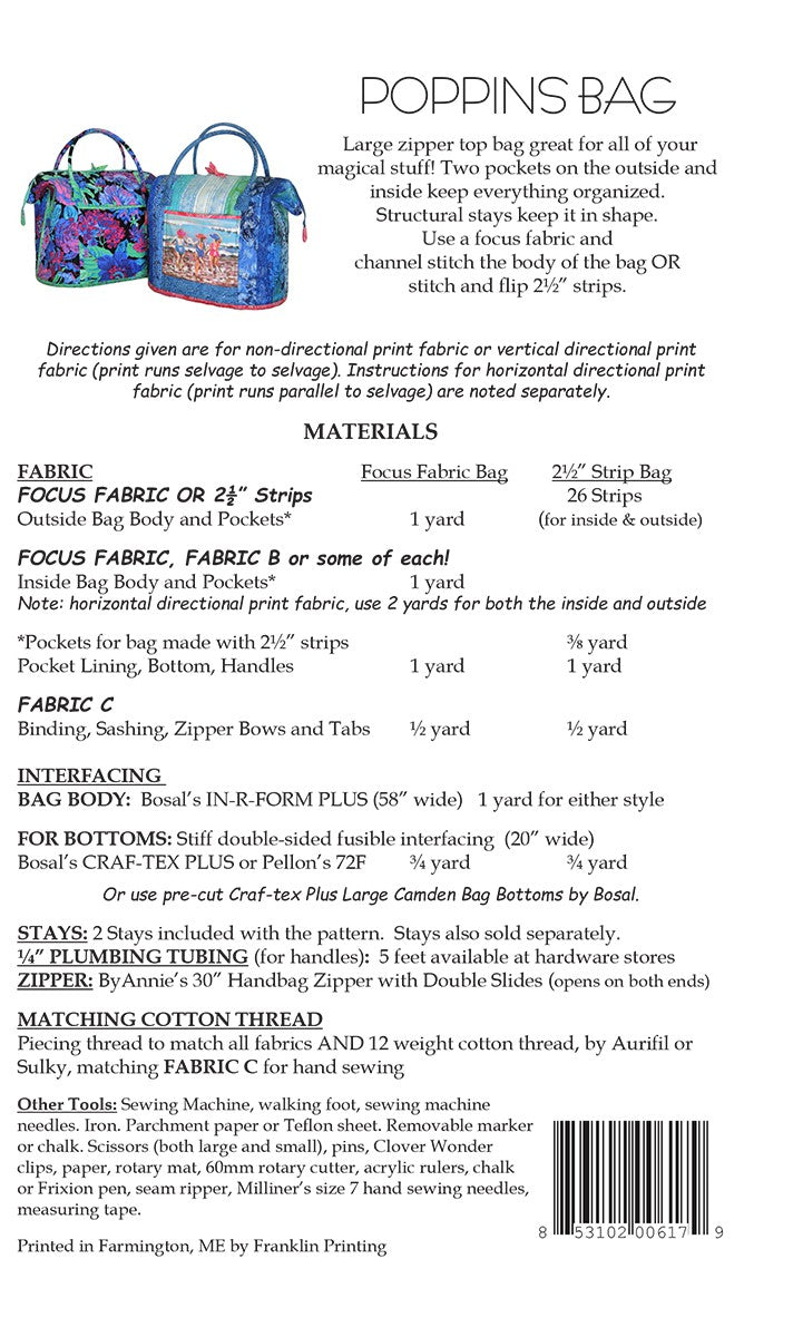 Poppins Bag Sewing Pattern with Two Bag Stays by Carol McLeod of Aunties Two