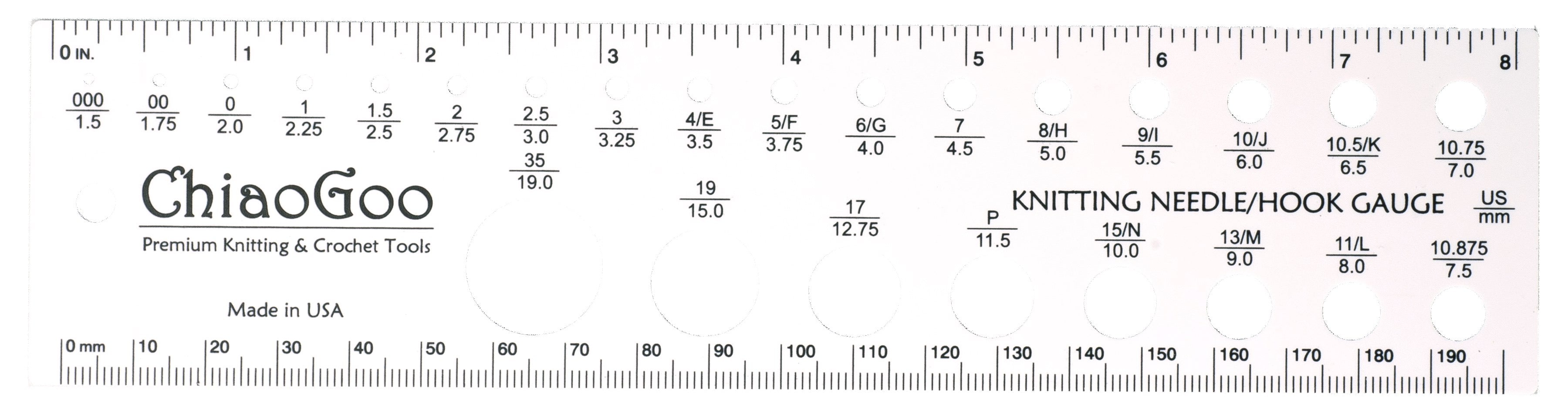 ChiaoGoo 8 Inch (2 mm) Needle Gauge US (1.5 mm) - US 35 (19 mm) 25 Size Holes