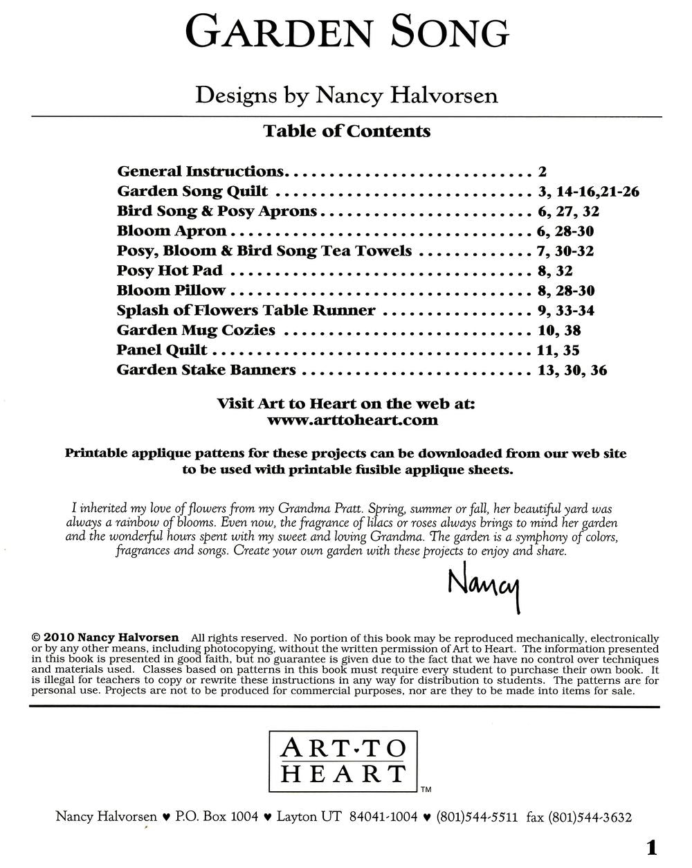 Garden Song Quilt Pattern Book by Nancy Halvorsen of Art to Heart