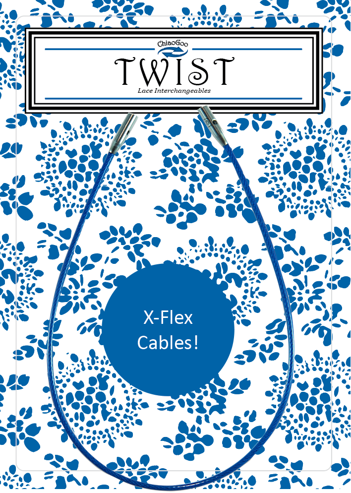 ChiaoGoo TWIST X-Flex blue interchangeable knitting needle cable shown on its package card. The blue cable hangs in a loop from two metal joins over a white card printed with blue flowers. The header reads ChiaoGoo TWIST Lace Interchangeables, and a blue circle on the card reads X-Flex Cables.