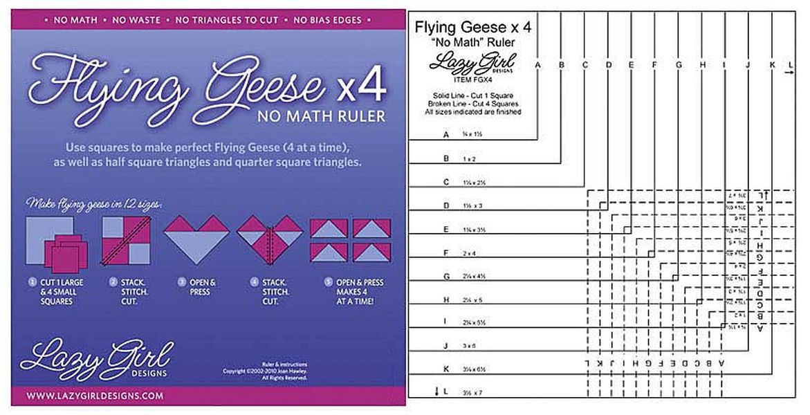 Flying Geese X 4 No Math 8-1/4-Inch Square Quilt Ruler by Joan Hawley of Lazy Girl Designs