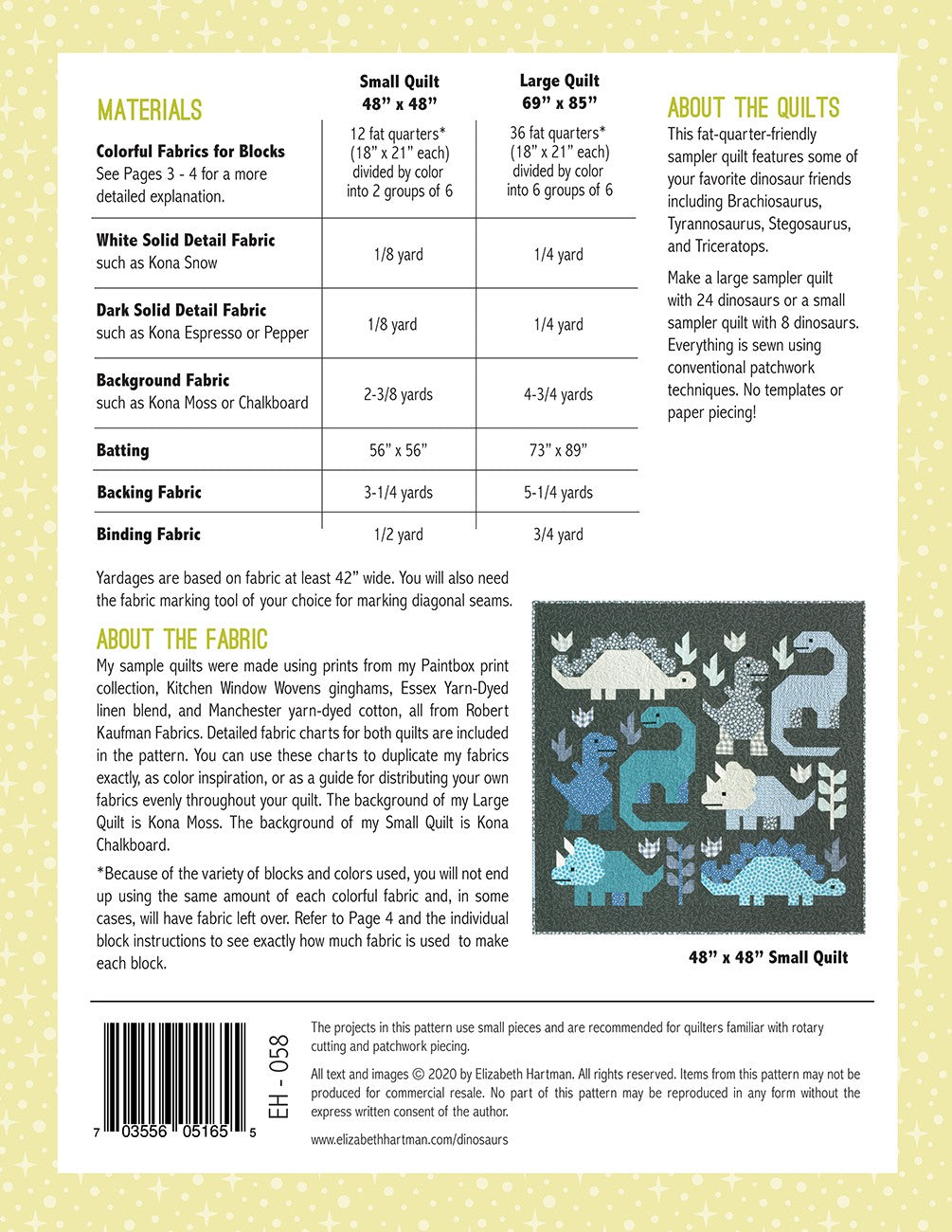 Back cover of Dinosaurs quilt pattern by Elizabeth Hartman showing materials chart for 48 by 48 inch small quilt and 69 by 85 inch large quilt, with fat quarter requirements organized by color groups, fabric notes on the Paintbox collection, and a layout diagram of the small quilt featuring Brachiosaurus, Stegosaurus, Tyrannosaurus, and Triceratops blocks.