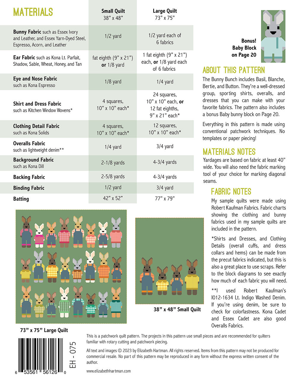 Back cover of The Bunny Bunch quilt pattern by Elizabeth Hartman showing materials chart for 38 by 48 inch small quilt and 73 by 75 inch large quilt, with yardage and 10 inch square requirements for bunny, ear, shirt, dress, overalls, and background fabrics, plus layout diagrams for both sizes showing all four bunny block designs.