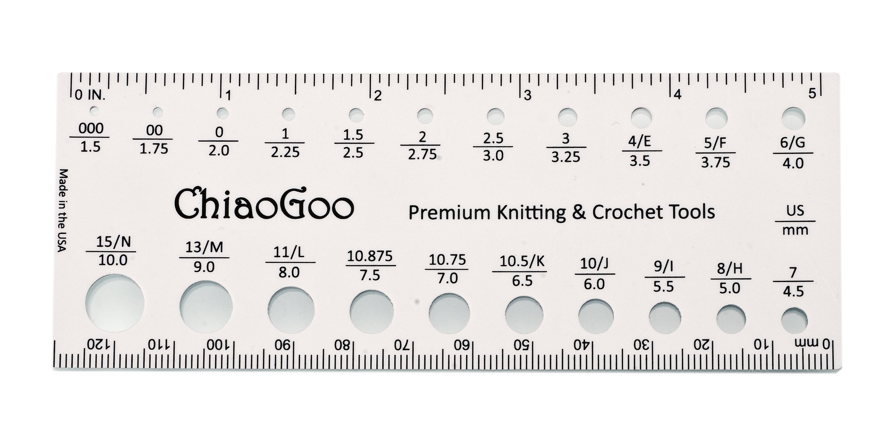 ChiaoGoo 5 Inch (13 mm) Needle Gauge US (1.5 mm) - US15 (1 mm) 21 Size Holes