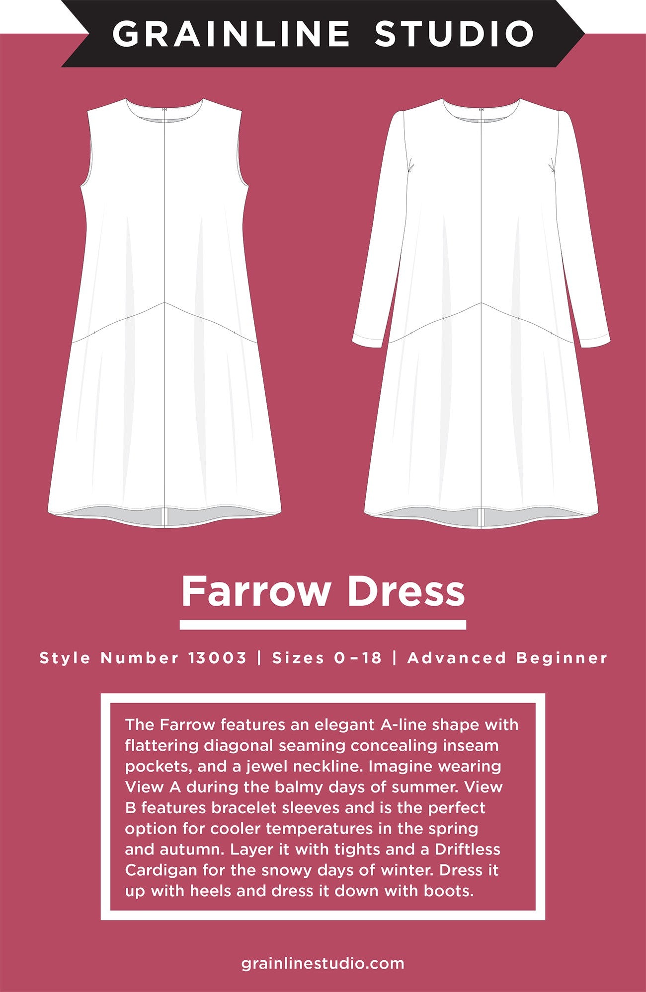 Farrow Dress Sizes 0 - 18 Advanced Beginner Sewing Pattern by Jen Beeman of Grainline Studio