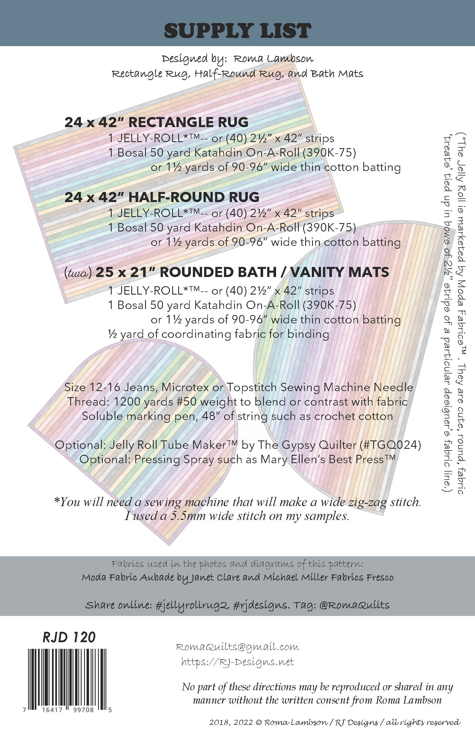 Jelly Roll Rug Squared Rectangle 27-Inch x 44-Inch Sewing Pattern by Roma Lambson of RJ Designs