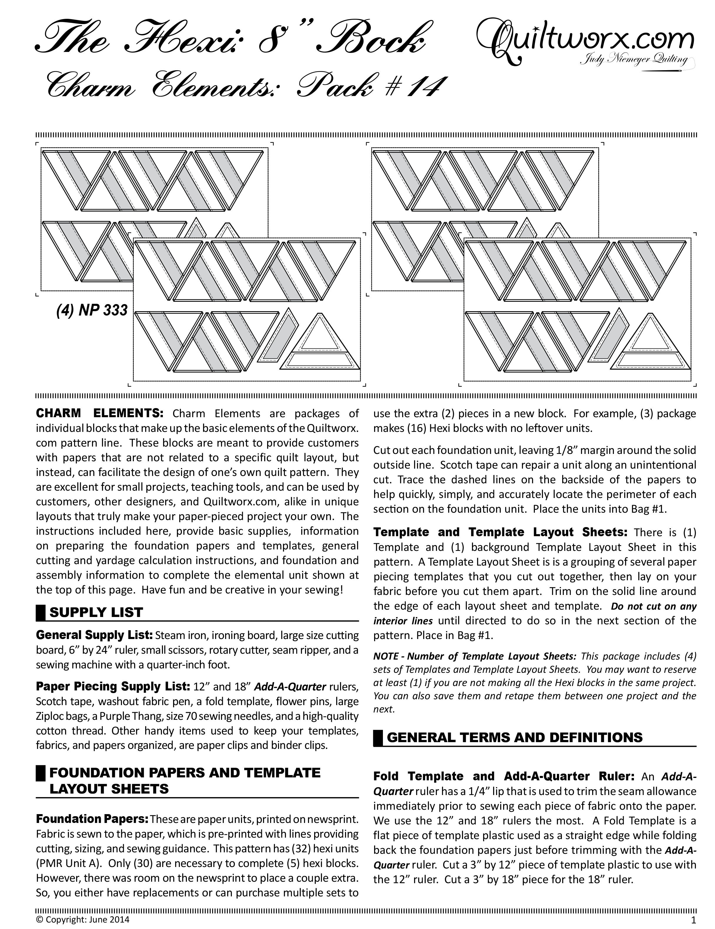 The Hexi 8-Inch Block: Charm Elements Pack # 14 Foundation Papers by Judy Niemeyer of Quiltworx