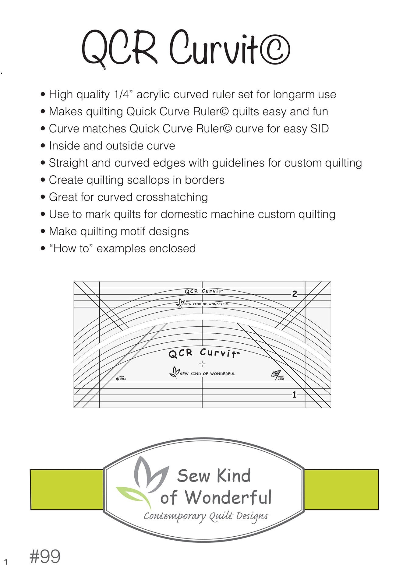 QCR Curvit Quick Curve Sidekick Longarm Quilting Template by Jenny Pedigo for Sew Kind of Wonderful