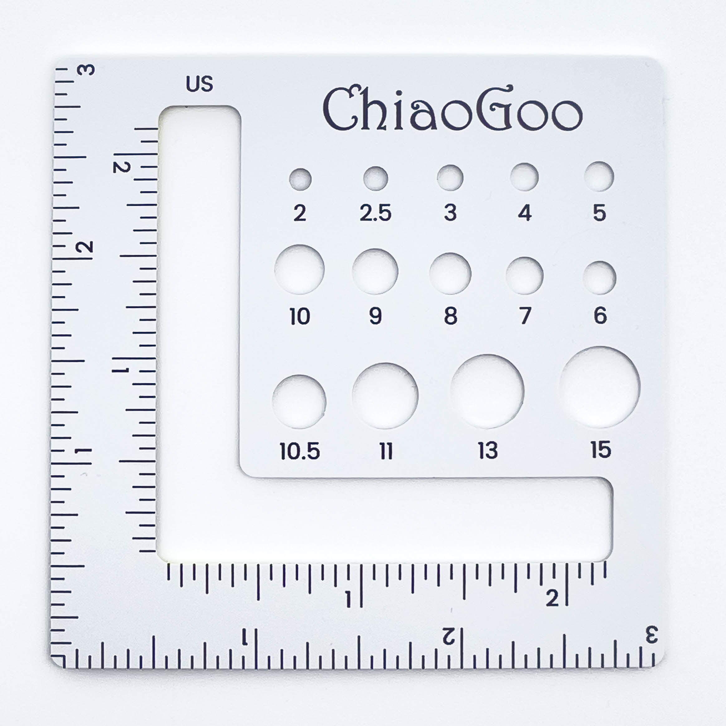 ChiaoGoo 3-Inch Square Swatch and 14-Hole Needle Gauge US 2 (2.75 mm) - US 15 (10 mm)