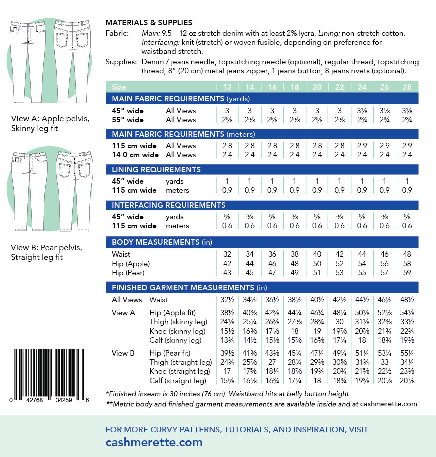 Ames Jeans Sizes 12 - 28 Sewing Pattern by Jenny Rushmore of Cashmerette Patterns