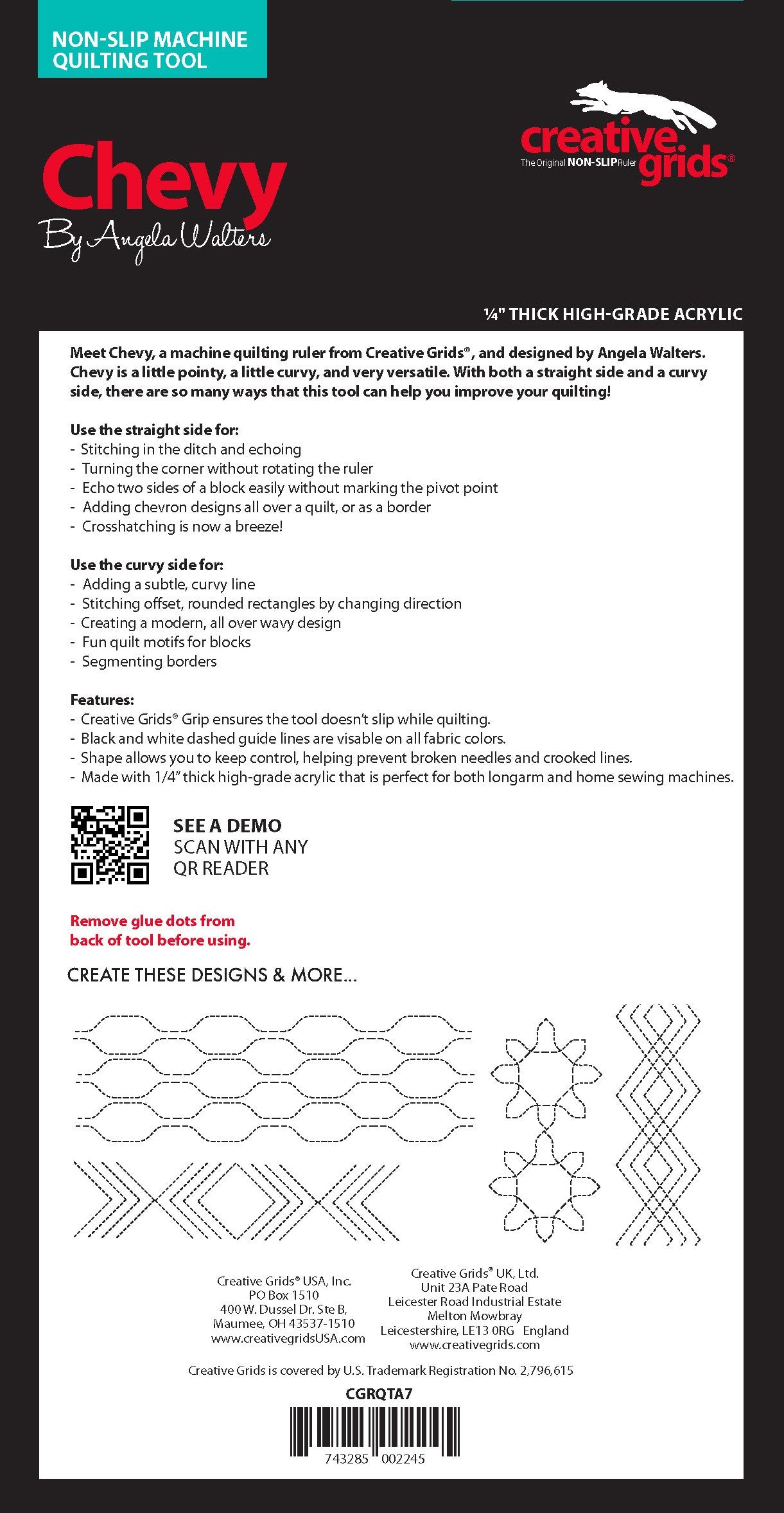 Creative Grids Machine Quilting Tool - CHEVY in packaging back-view