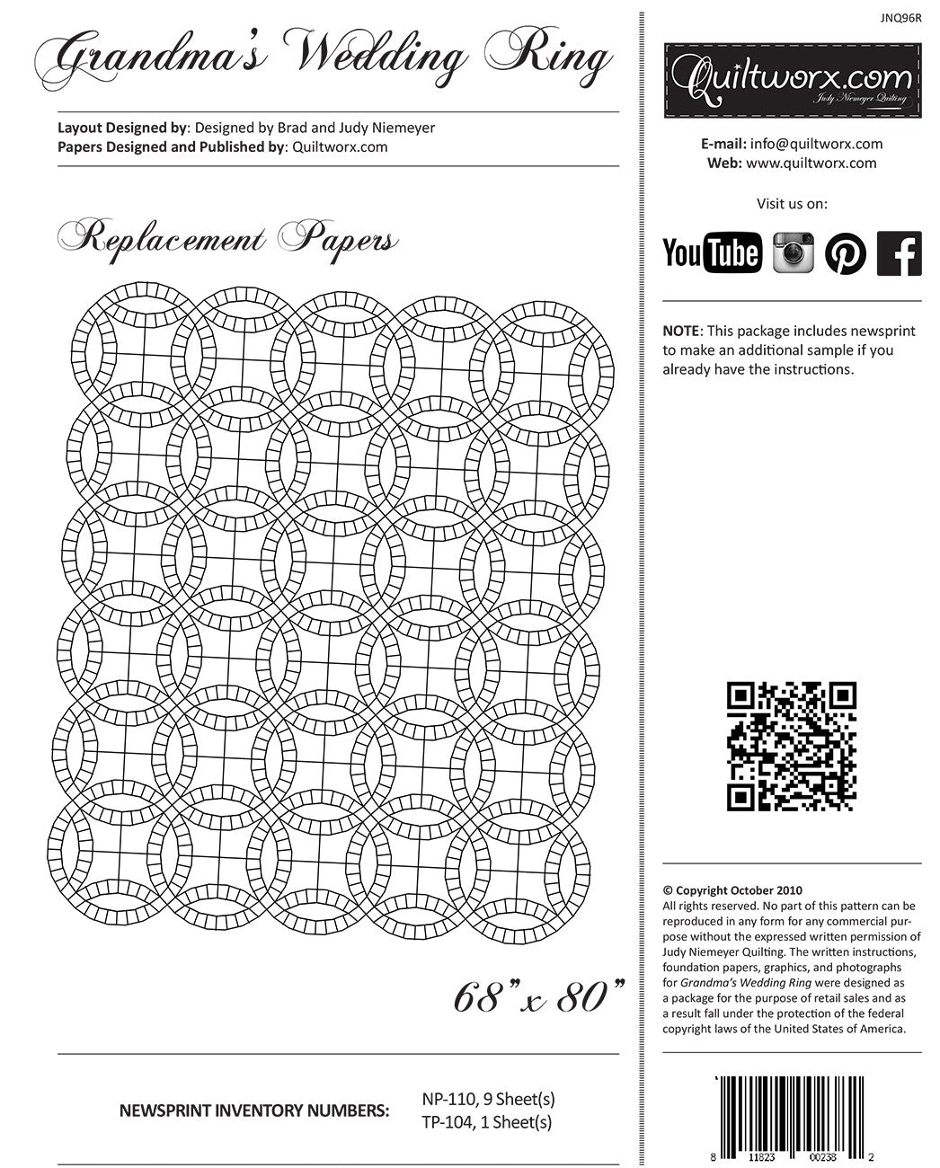 Grandma's Wedding Ring Replacement Foundation Paper for Additional Wedding Ring Blocks by Judy Niemeyer of Quiltworx