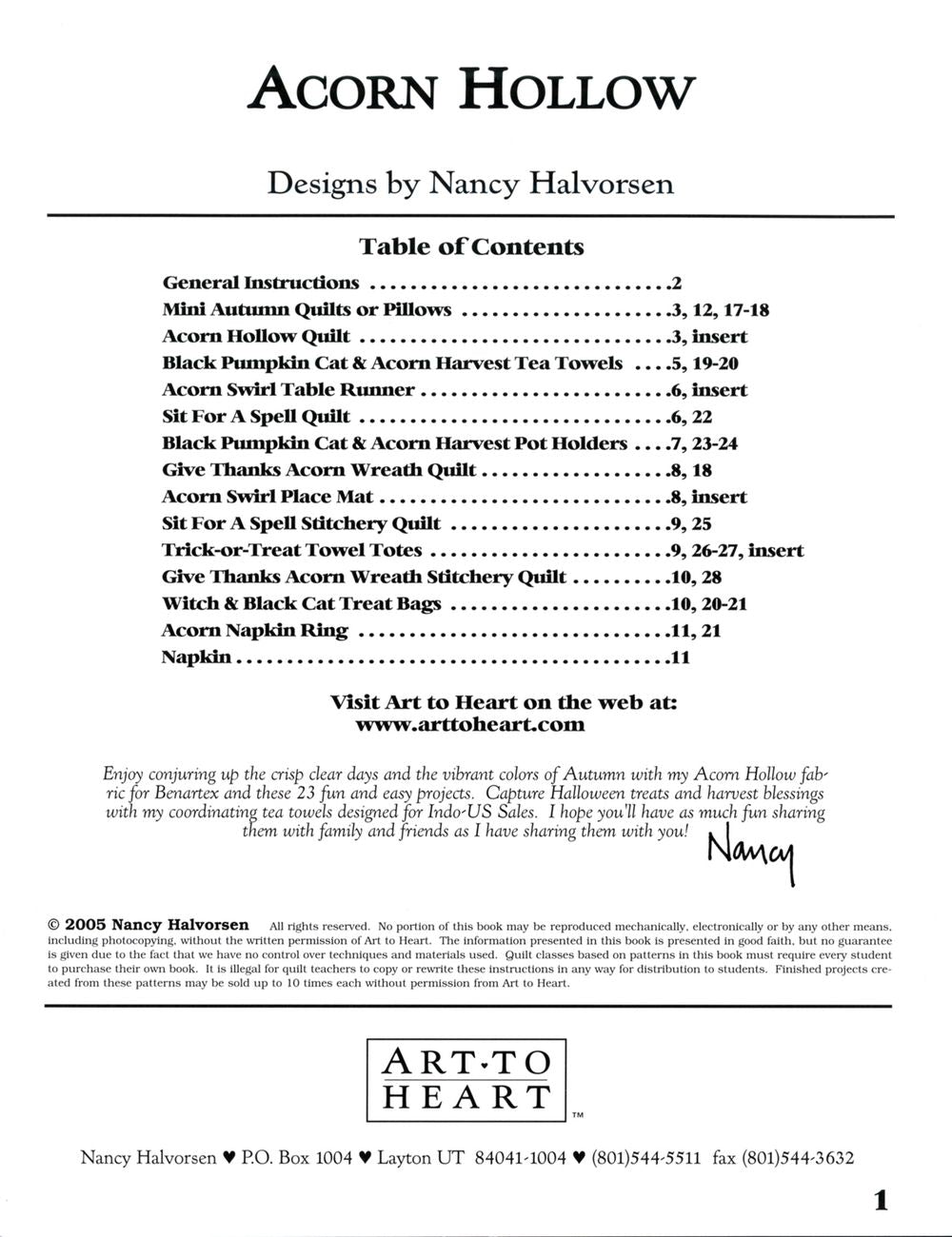 Acorn Hollow Quilt Pattern Book by Nancy Halvorsen of Art to Heart