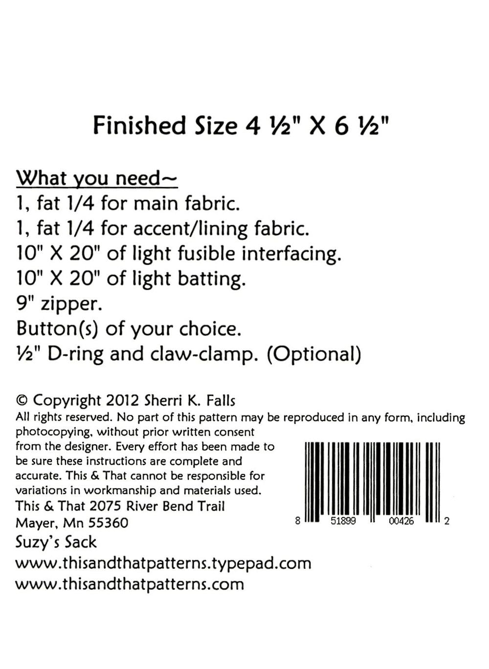 Suzy's Sack Bag Sewing Pattern by Sherri Falls for This and That