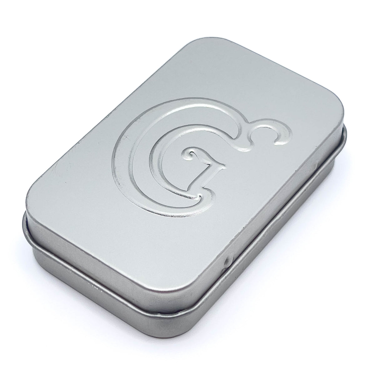 ChiaoGoo 7599-SL Tools Kit closed hinged silver metal tin, 2.5 x 1.6 inches, embossed with the ChiaoGoo logo
