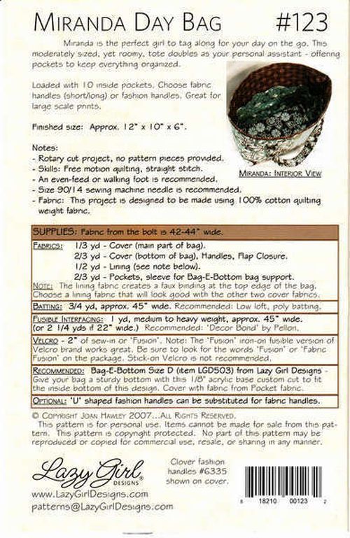 Miranda Day Bag Sewing Pattern by Joan Hawley of Lazy Girl Designs