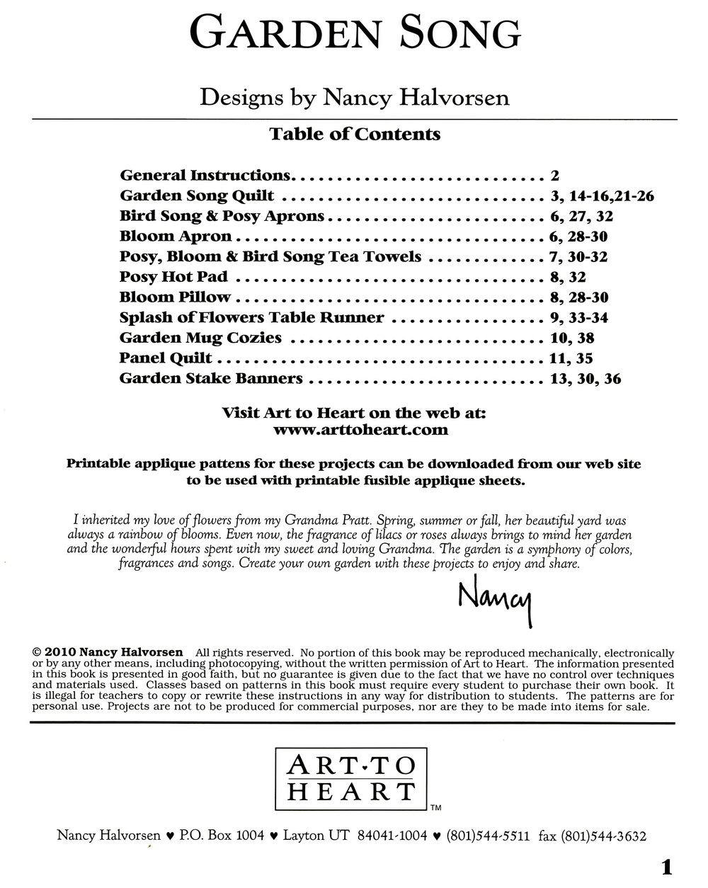 Garden Song Quilt Pattern Book by Nancy Halvorsen of Art to Heart