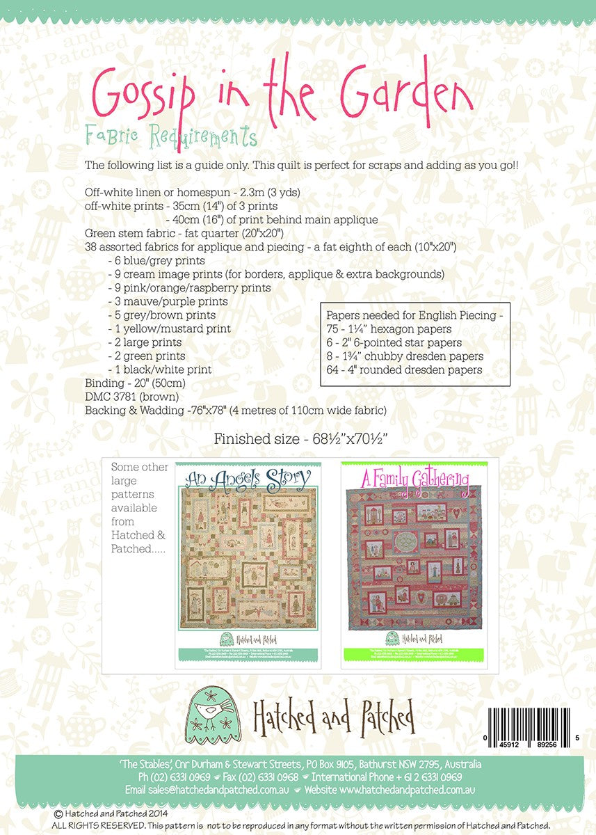 Gossip In The Garden Applique Quilt Pattern by Anni Downs of Hatched and Patched