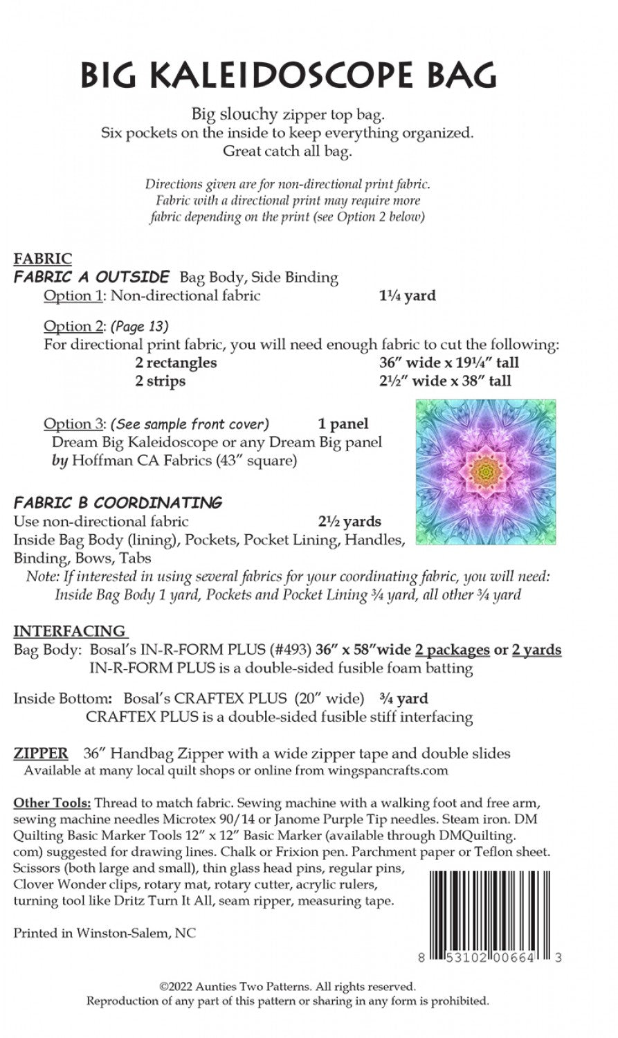 Big Kaleidoscope Bag Sewing Pattern with Two Bag Stays from Aunties Two
