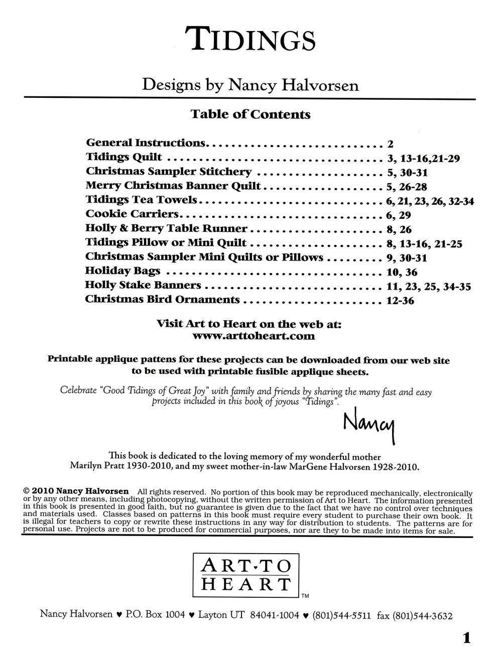 Tidings Quilt Pattern Book by Nancy Halvorsen of Art to Heart