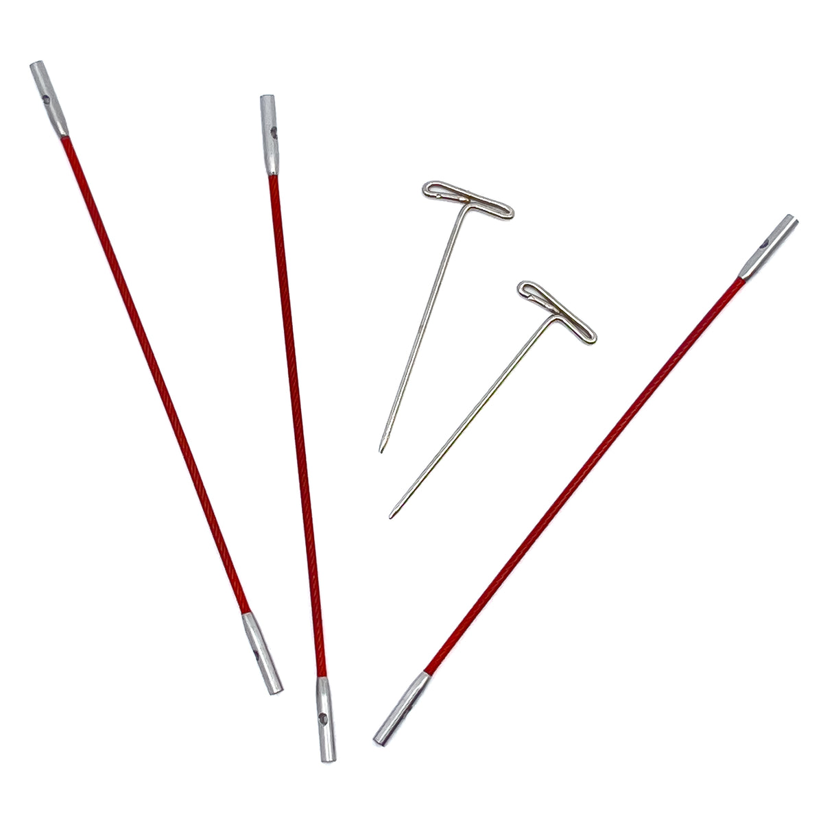 Three ChiaoGoo red TWIST 2-inch (5 cm) interchangeable knitting needle cables with Mini joins and two T-shaped tightening keys on a white background. Each red cable has a slim metal join with a small hole at each end.
