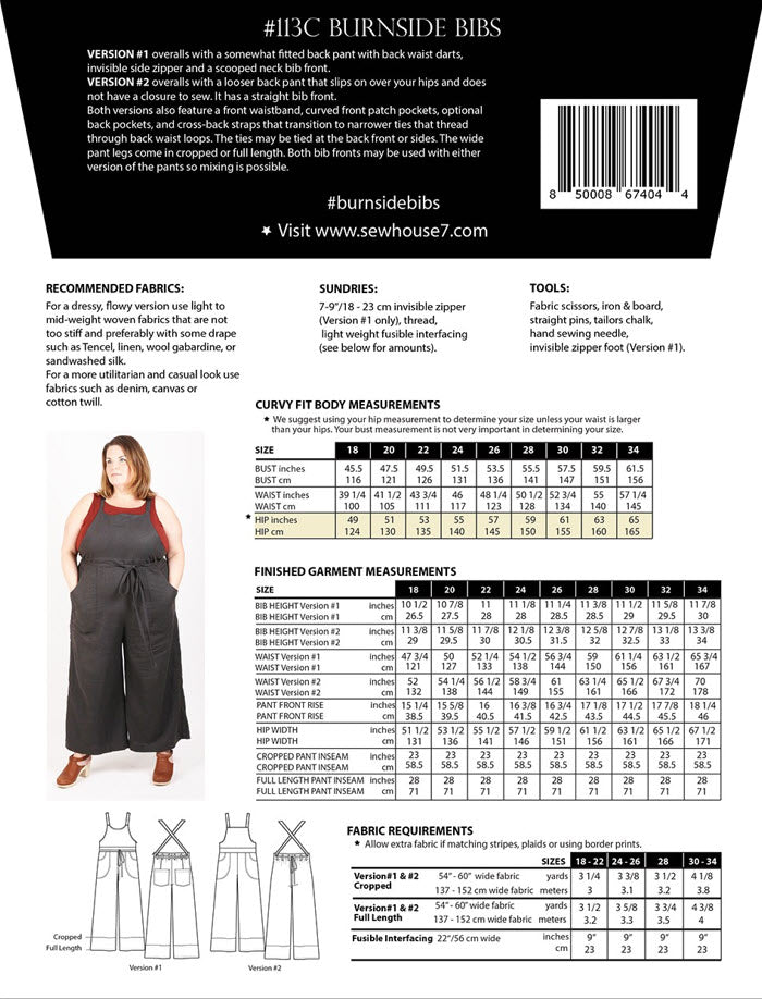 Burnside Bibs Curvy Sizes 18 - 34 Sewing Pattern by Peggy Mead of Sew House Seven