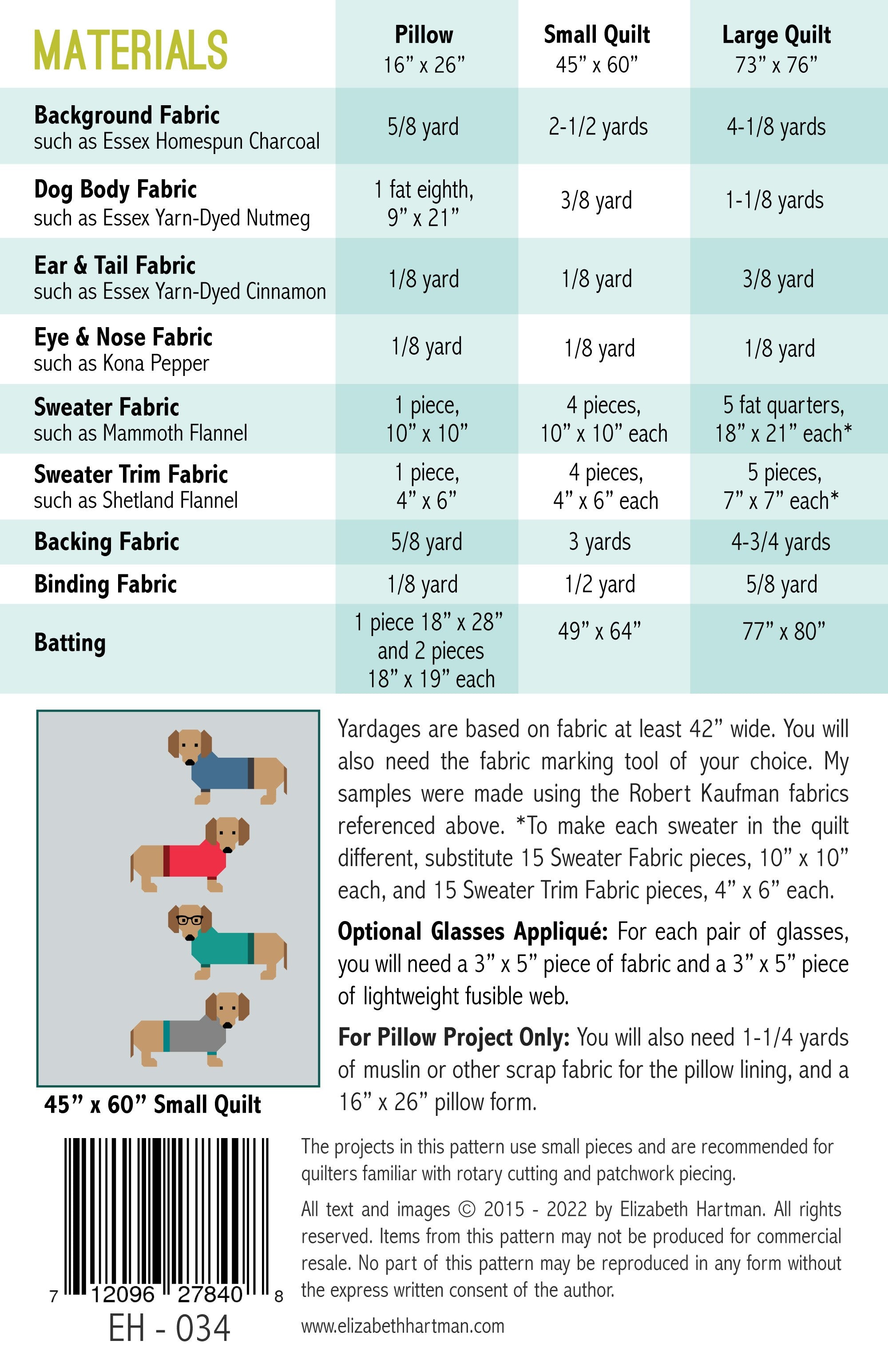 Back cover of Dogs in Sweaters quilt pattern by Elizabeth Hartman showing materials chart for 16 by 26 inch pillow, 45 by 60 inch small quilt, and 73 by 76 inch large quilt, with yardage and sweater fabric requirements, optional glasses applique notes, and small quilt layout diagram.