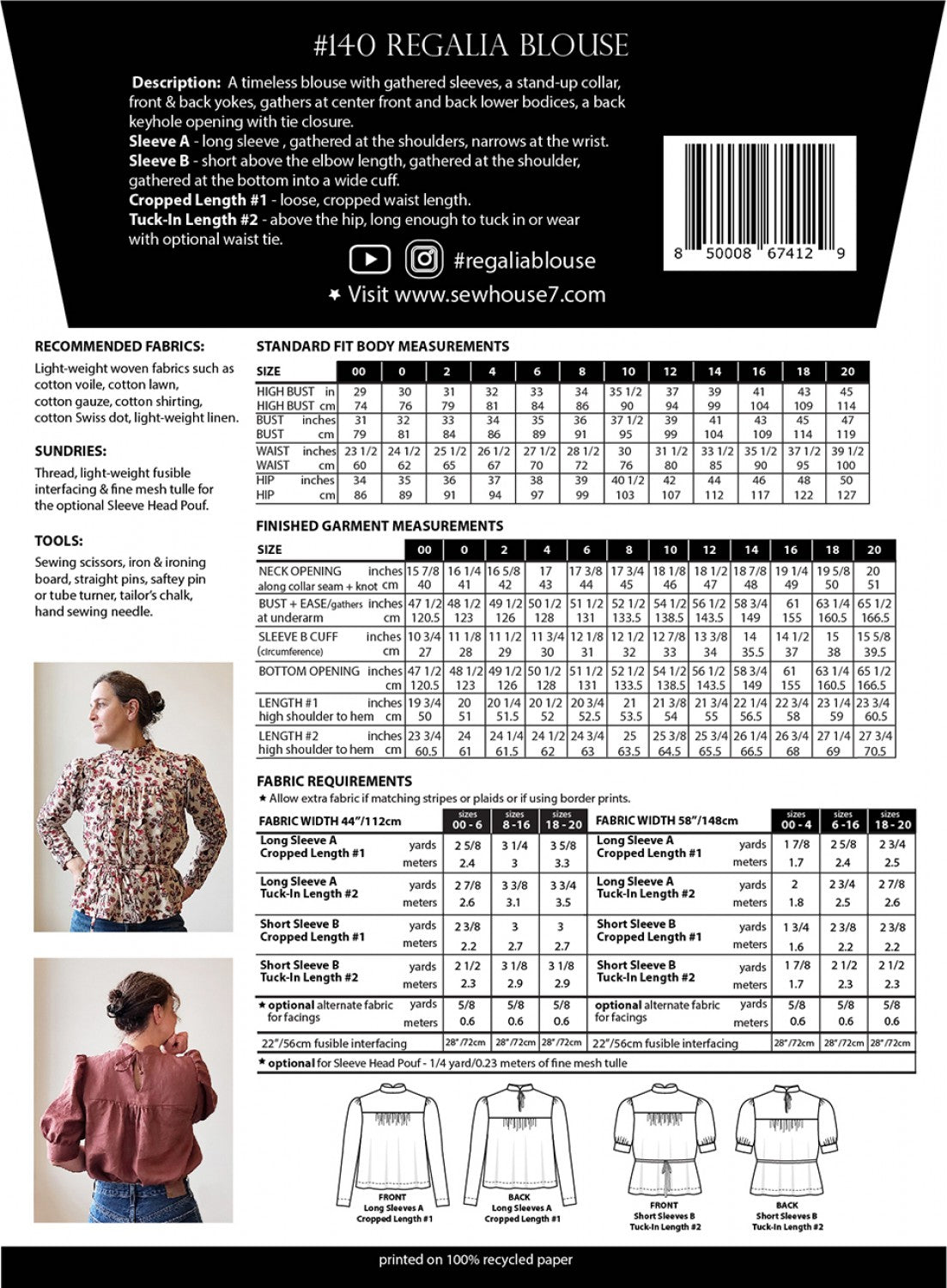Regalia Blouse Standard 00 - 20 Sewing Pattern from Sew House Seven