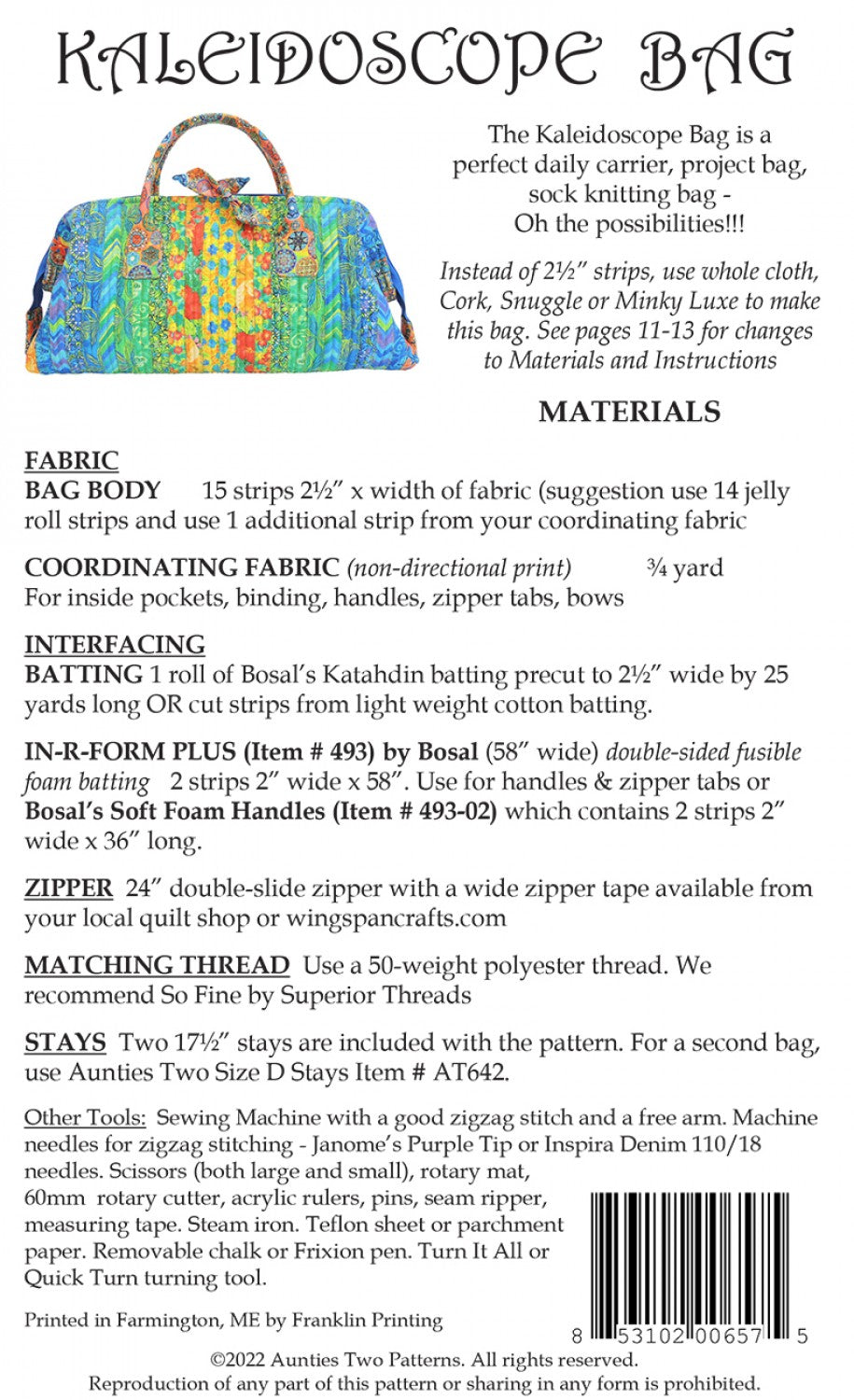 Kaleidoscope Bag Sewing Pattern with Two Bag Stays from Aunties Two