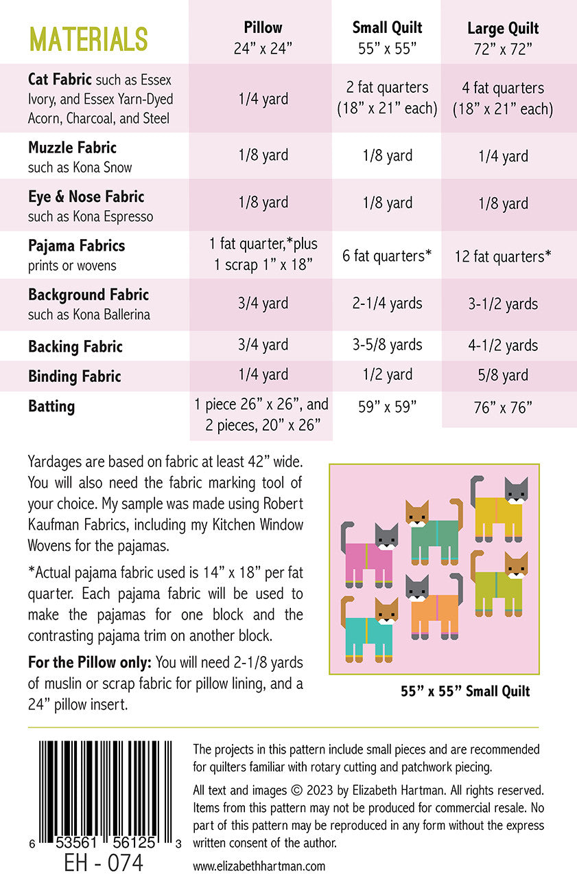 Back cover of Cats in Pajamas quilt pattern by Elizabeth Hartman showing materials chart for 24 by 24 inch pillow, 55 by 55 inch small quilt, and 72 by 72 inch large quilt, with fat quarter requirements for cat and pajama fabrics, yardage details, and layout diagram of the small quilt.