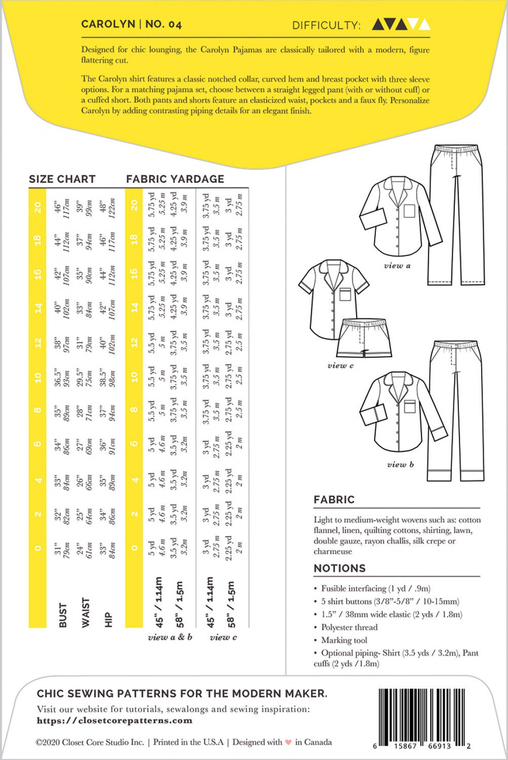 Carolyn Pajamas Sizes 0 - 20 Sewing Pattern by Celine Larbaletrier for Closet Core Patterns