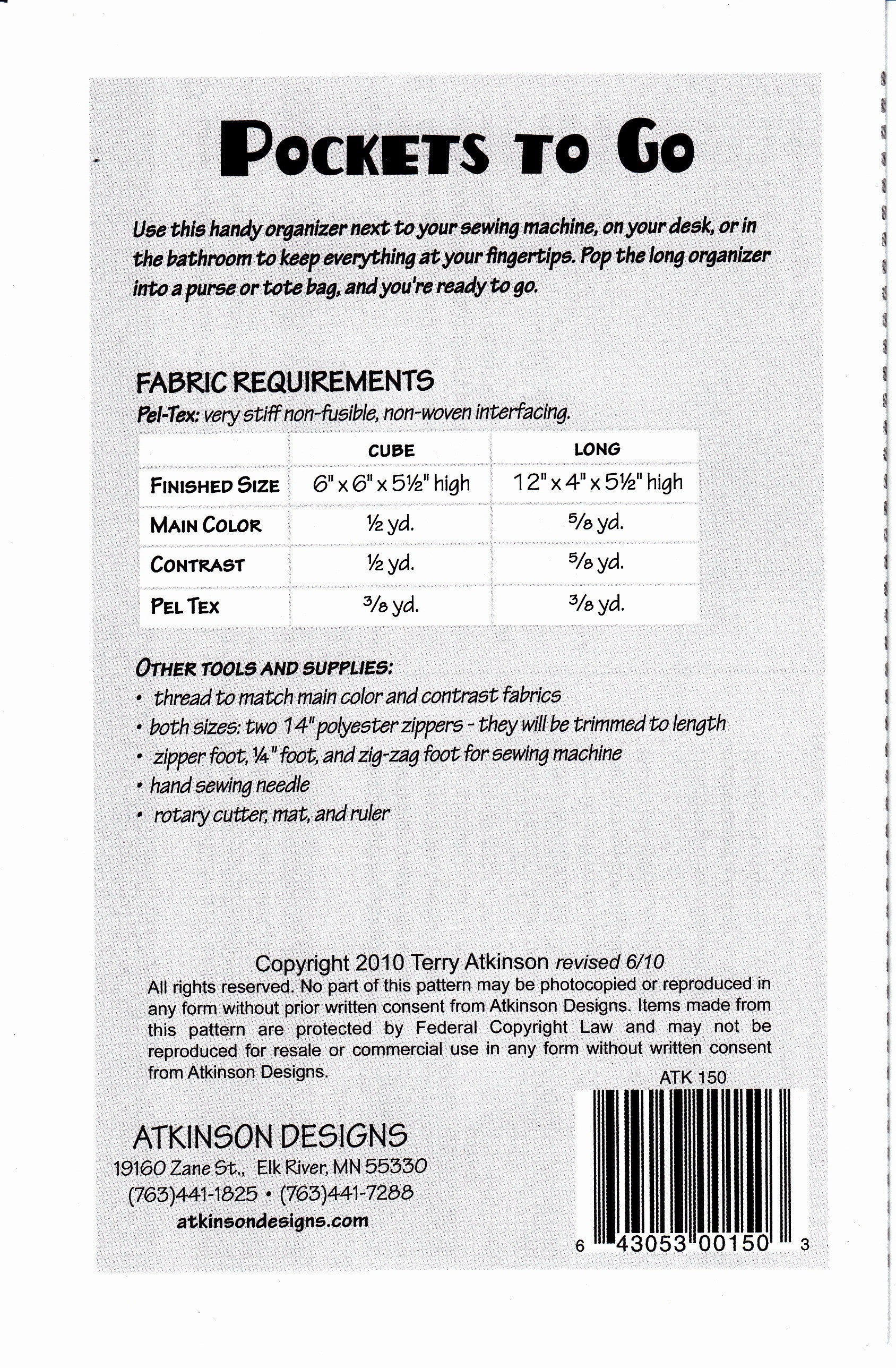 Pockets To Go Sewing Pattern by Terry Atkinson of Atkinson Designs