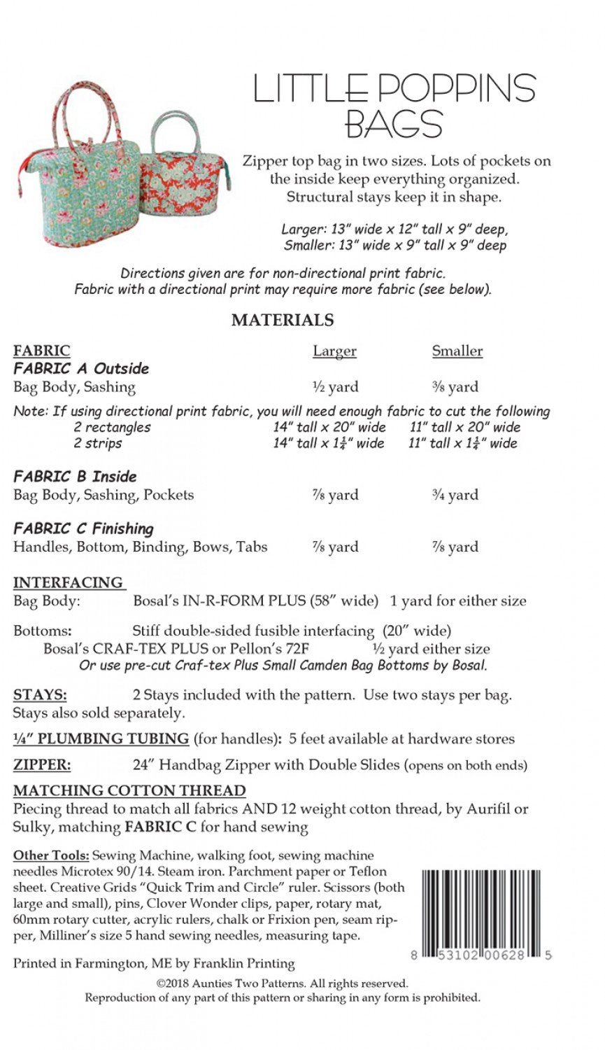 Little Poppins Bag Sewing Pattern with Two Bag Stays