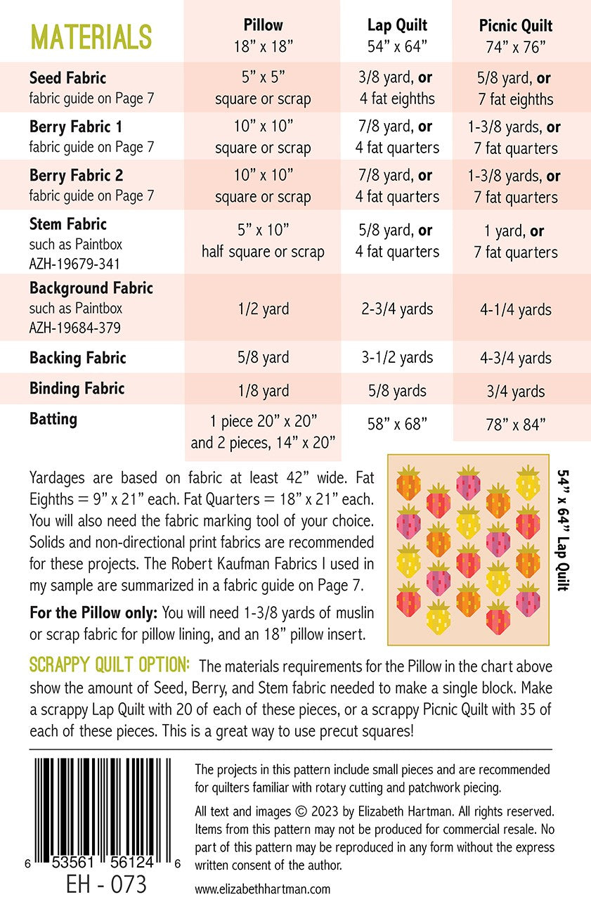 Back cover of Berry Season quilt pattern by Elizabeth Hartman showing materials chart for 18 by 18 inch pillow, 54 by 64 inch lap quilt, and 74 by 76 inch picnic quilt, with yardage and fat quarter options for berry, seed, and stem fabrics, a layout diagram of the lap quilt, and the scrappy quilt option using precut squares.