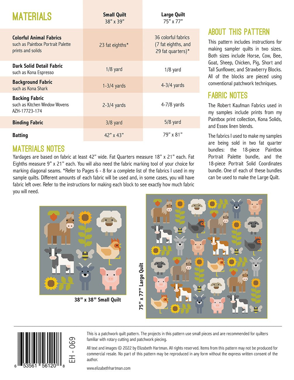 Back cover of Fab Farm Sampler Quilt Pattern by Elizabeth Hartman showing materials chart for 38 by 39 inch small quilt and 75 by 77 inch large quilt, with fat quarter and fat eighth requirements, layout diagrams for both sizes, and fabric notes referencing Paintbox and Kona collections.