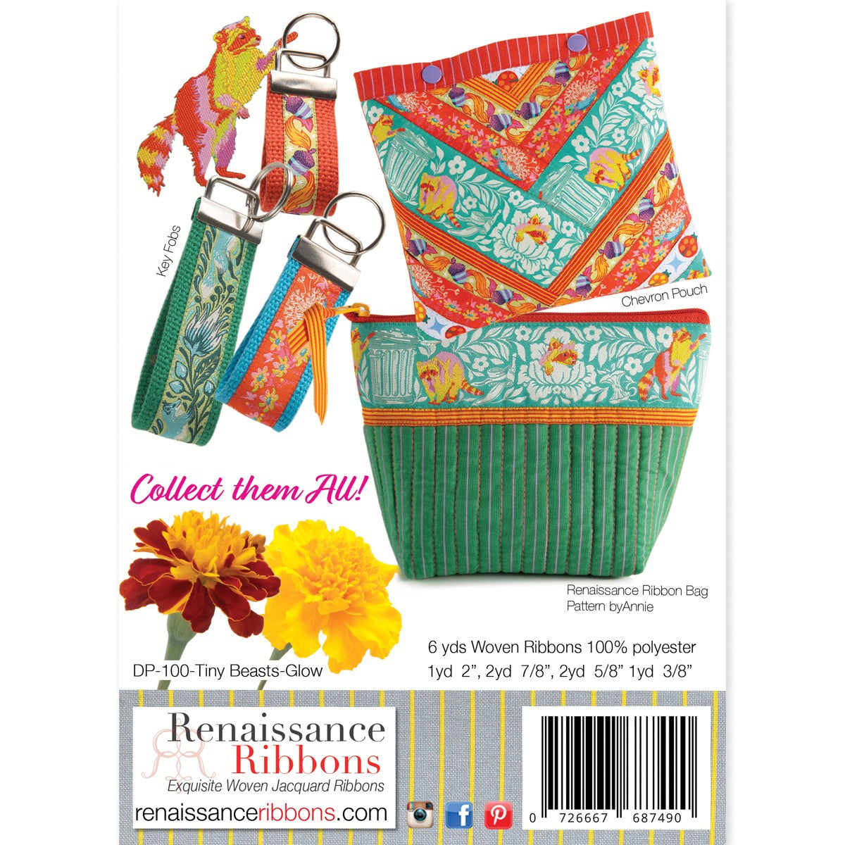 Tiny Beasts Glow Designer Ribbon Pack by Tula Pink for Renaissance Ribbons