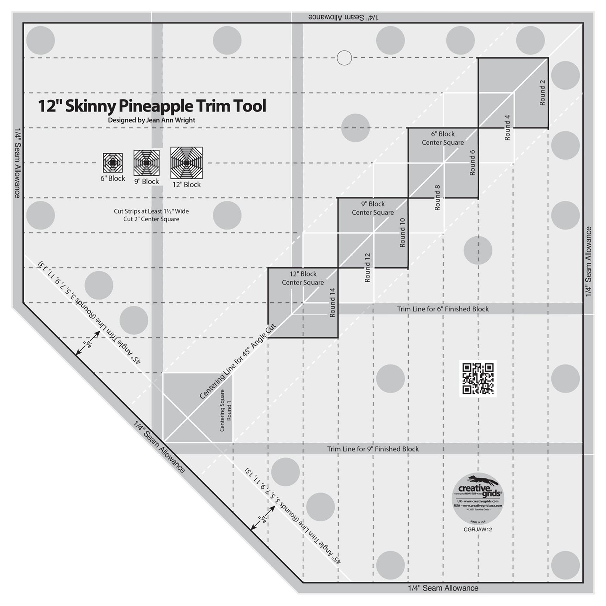 Creative Grids Skinny Pineapple Trim Tool 12-1/2-Inch x 12-1/2-Inch Quilt Ruler (CGRJAW12)