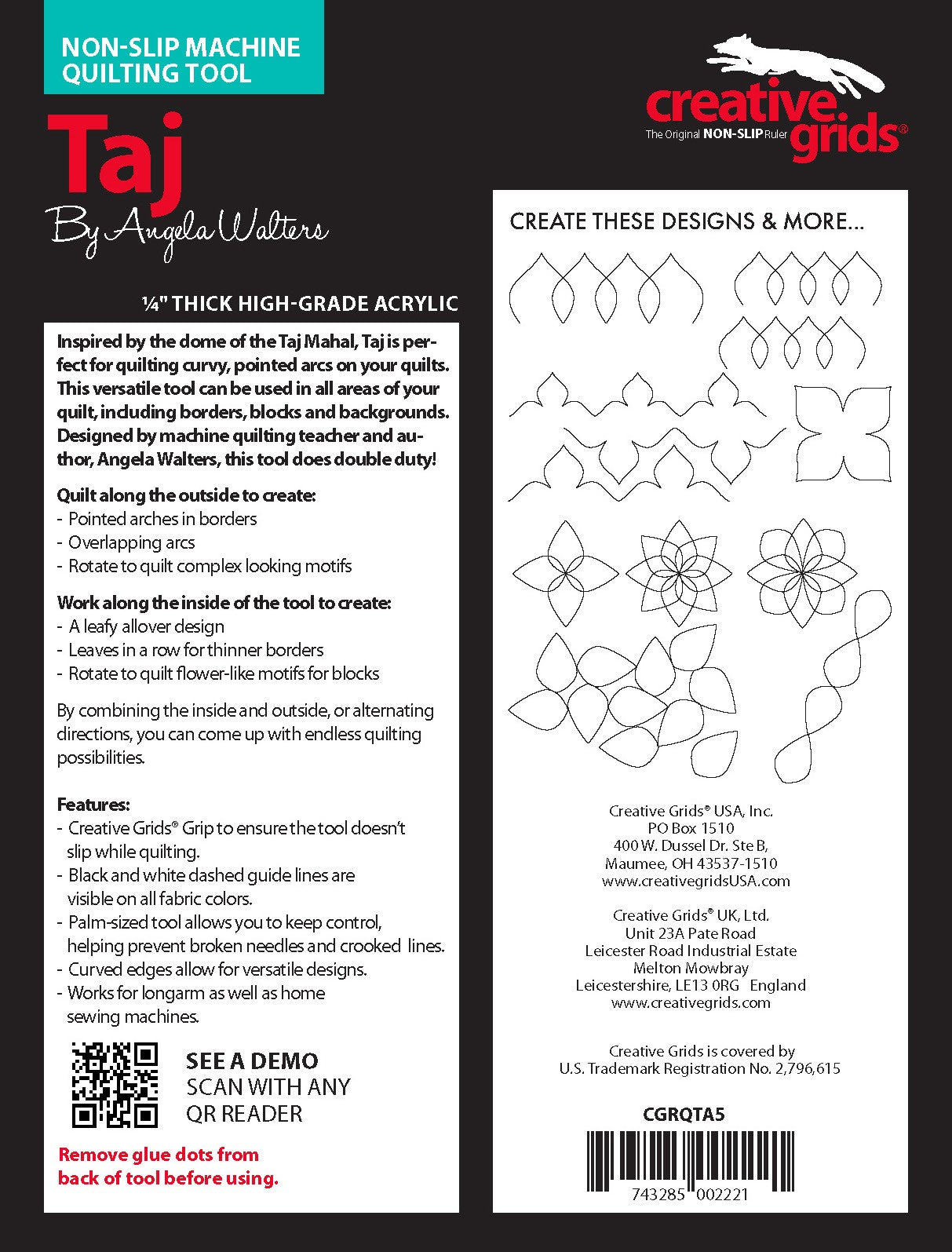 Creative Grids Machine Quilting Tool - TAJ in packaging back-view