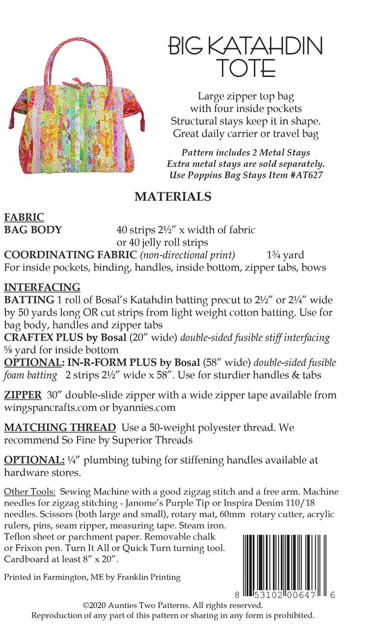 Big Katahdin Tote Sewing Pattern with Two Bag Stays by Carol McLeod of Aunties Two