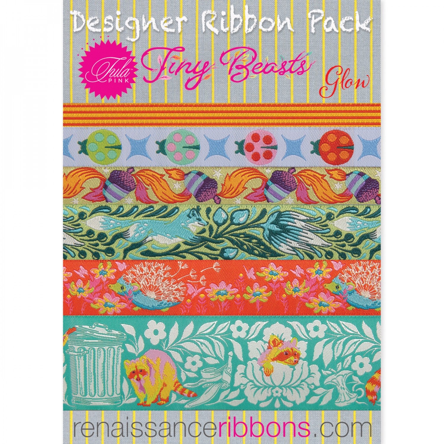 Tiny Beasts Glow Designer Ribbon Pack by Tula Pink for Renaissance Ribbons
