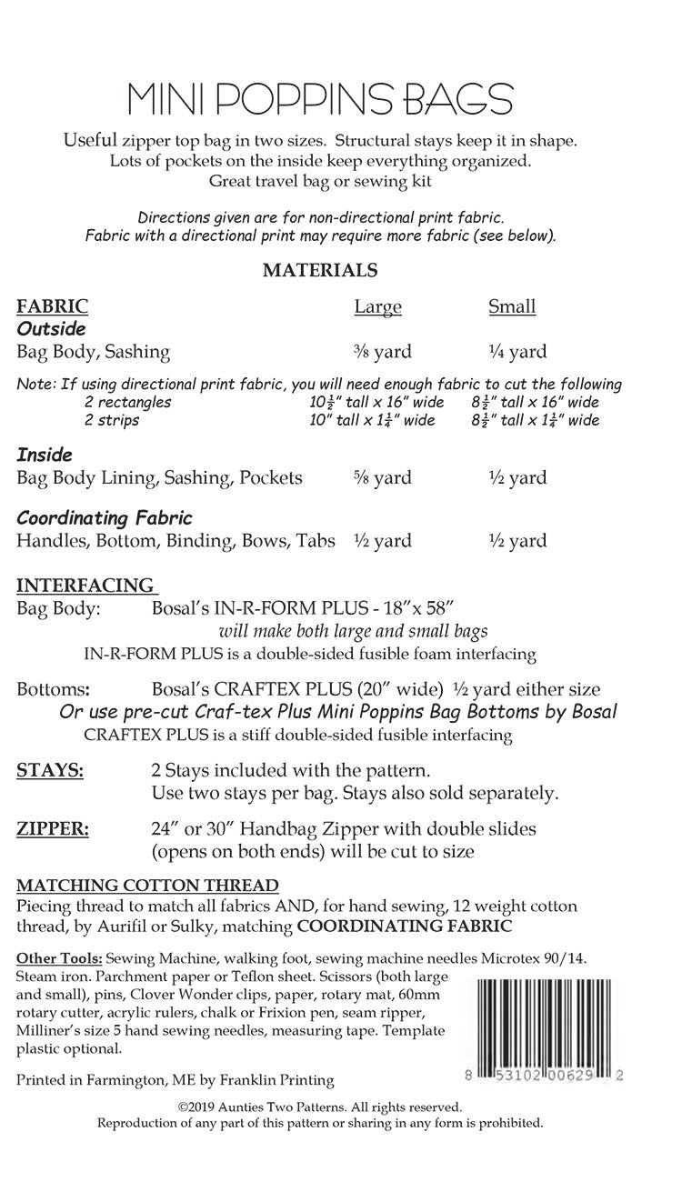 Mini Poppins Bag Sewing Pattern with Two Bag Stays by Carol McLeod of Aunties Two