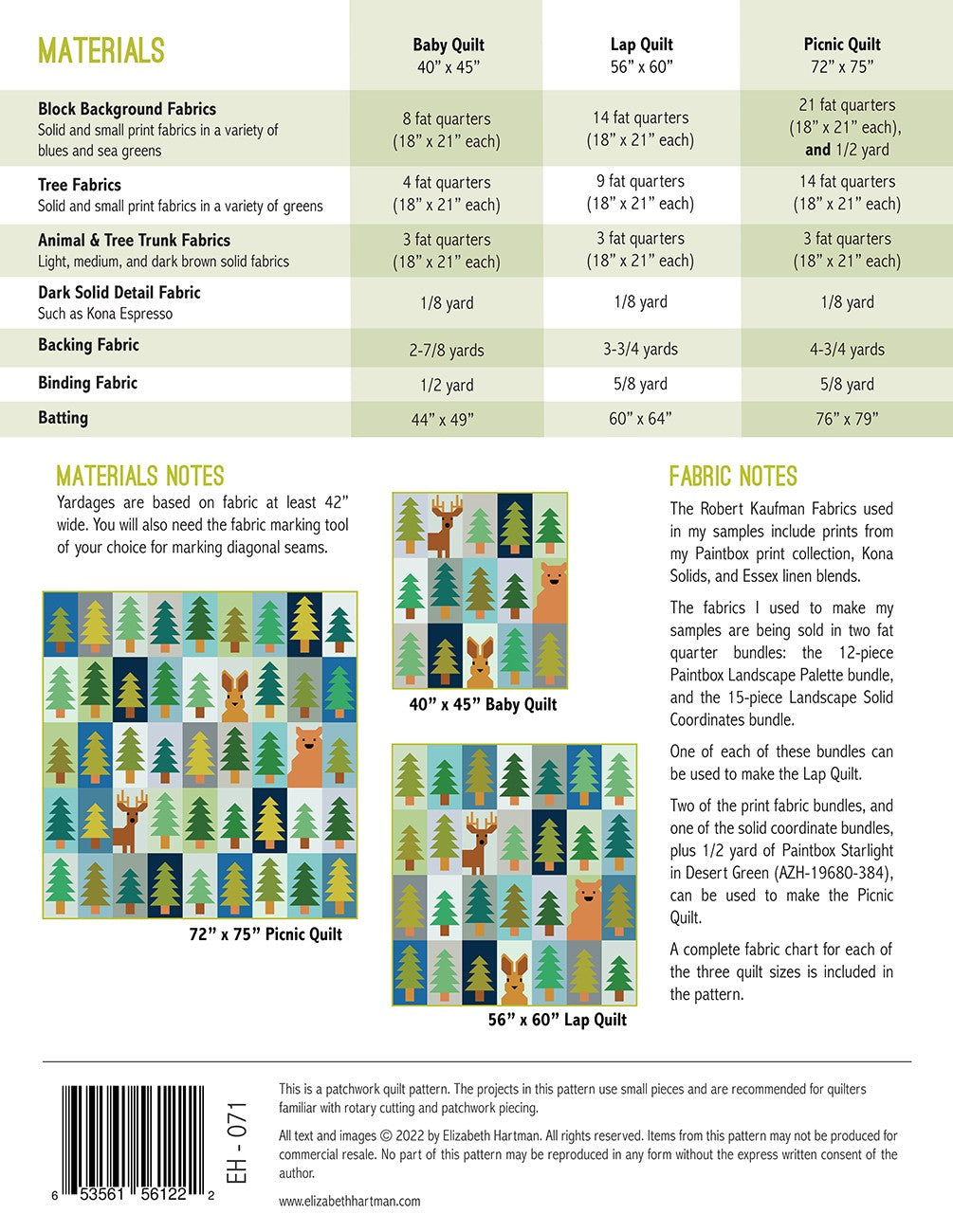 Back cover of Lookout tree and animal sampler quilt pattern by Elizabeth Hartman showing materials chart for 40 by 45 inch baby quilt, 56 by 60 inch lap quilt, and 72 by 75 inch picnic quilt, with fat quarter requirements for background, tree, and animal fabrics, plus layout diagrams for all three sizes.