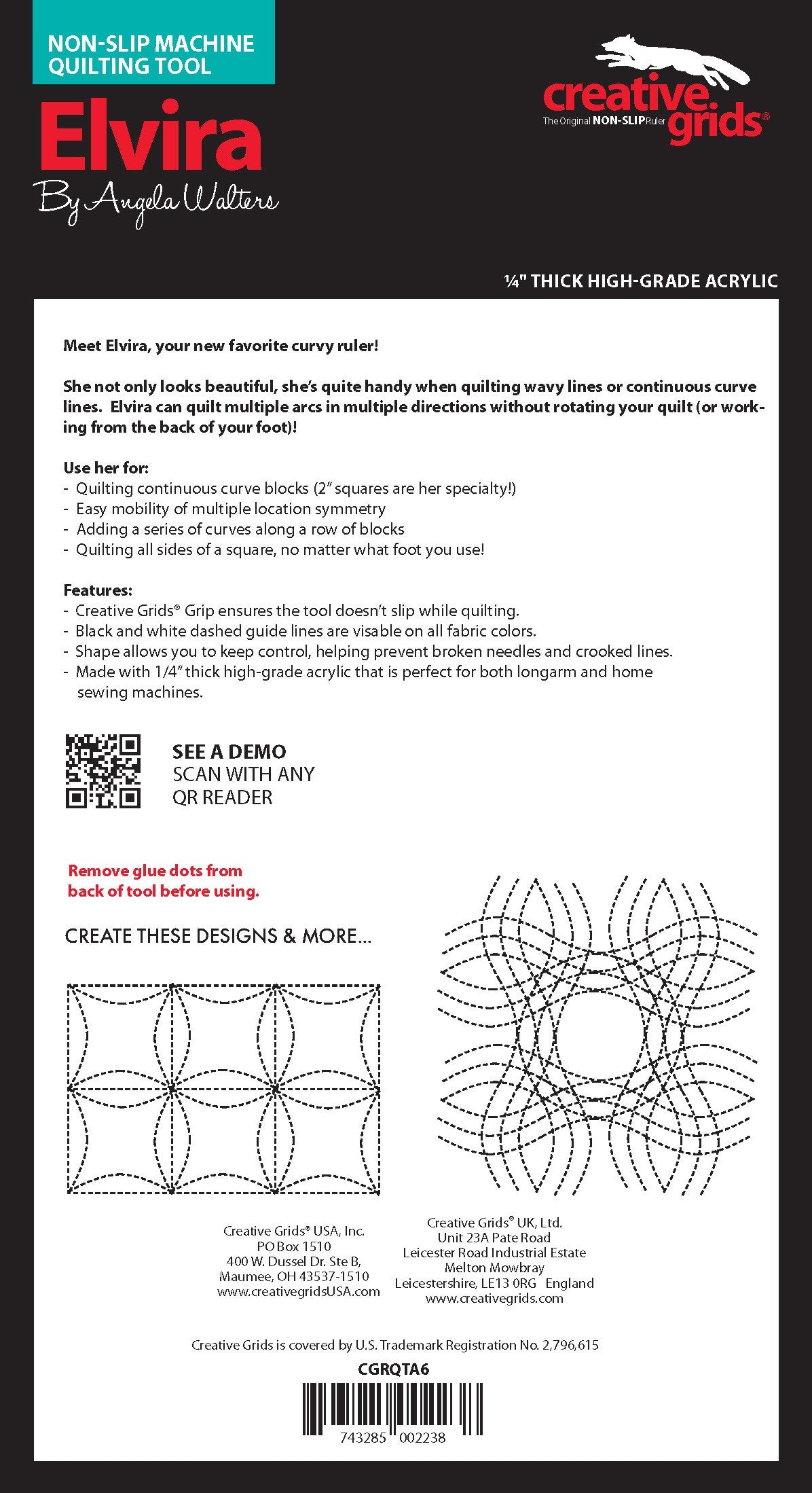 Creative Grids Machine Quilting Tool - ELVIRA in packaging back-view