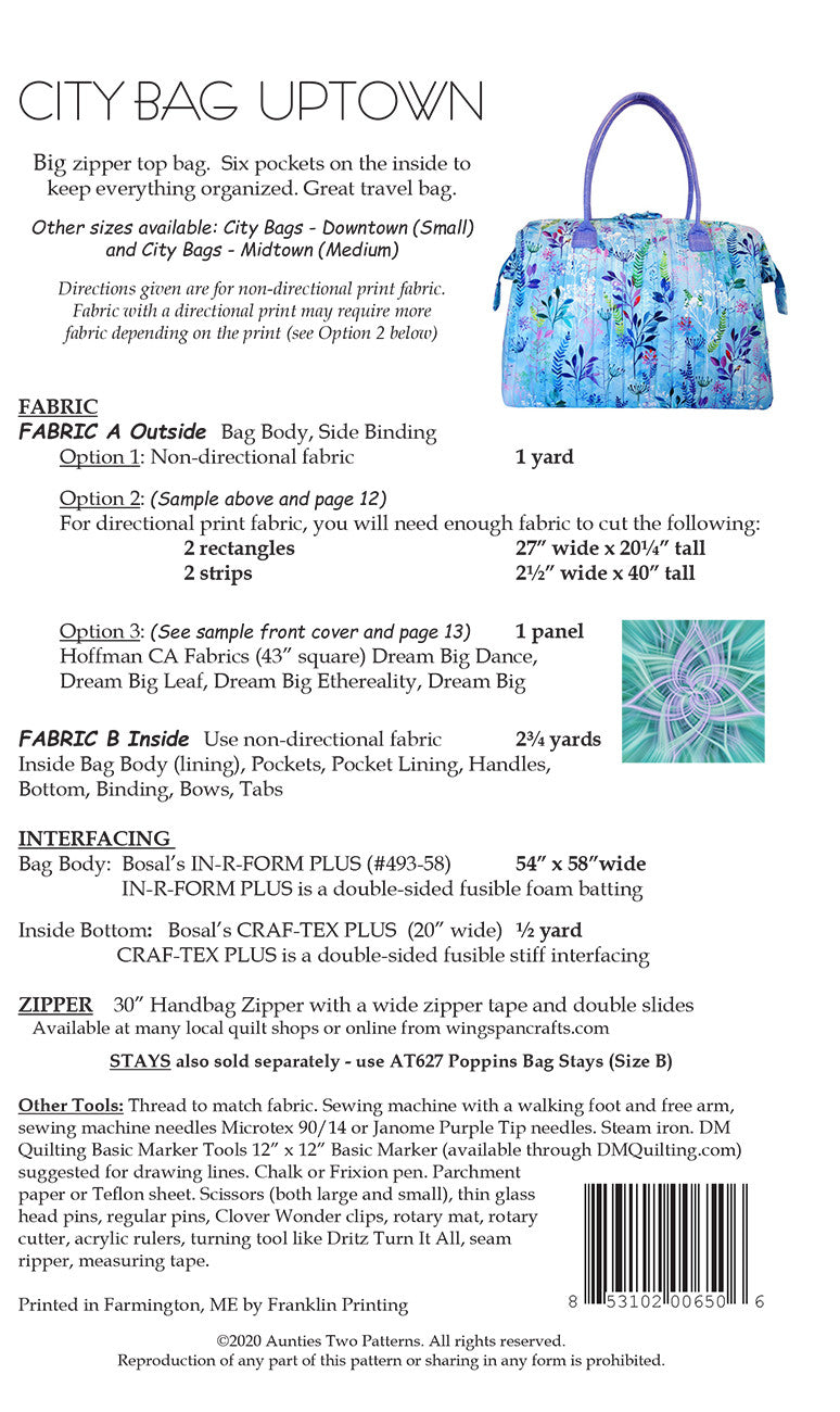 City Bag Uptown Sewing Pattern with Two Bag Stays from Aunties Two