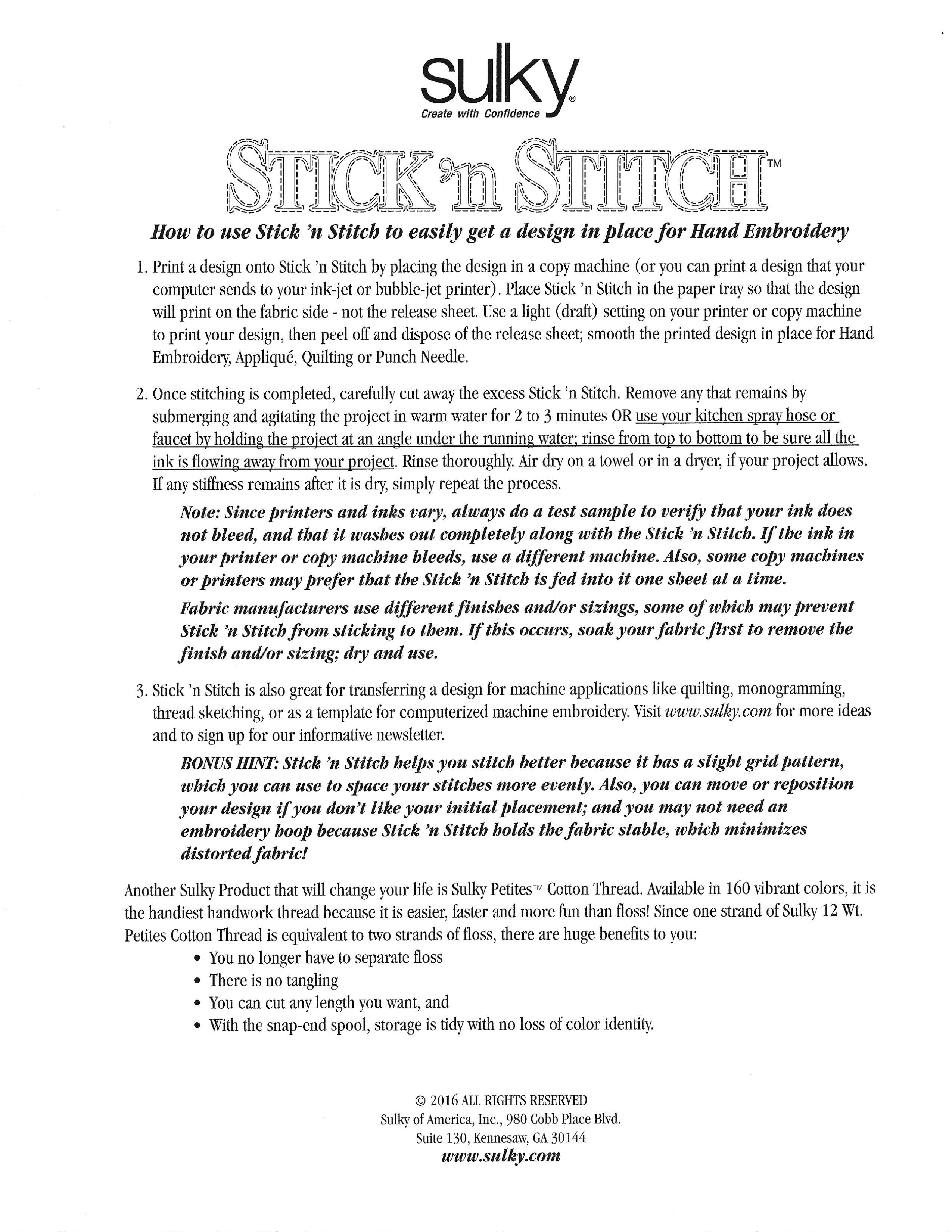 Sulky Stick N Stitch Adhesive Wash Away Stabilizer