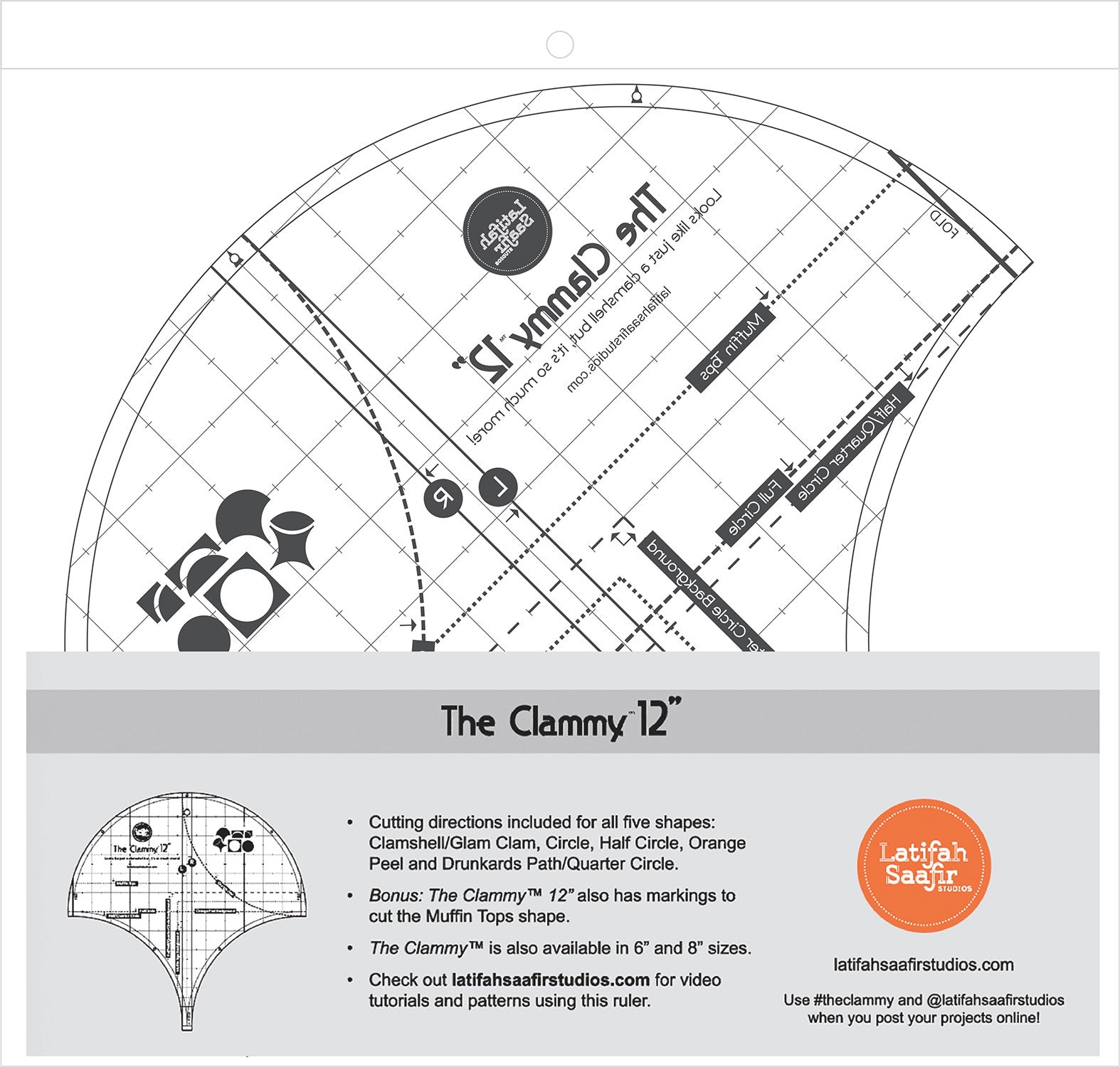 The Clammy 12-Inch Quilt Template for Clamshell, Circle, Half Circle, Orange Peel, and Drunkards Path