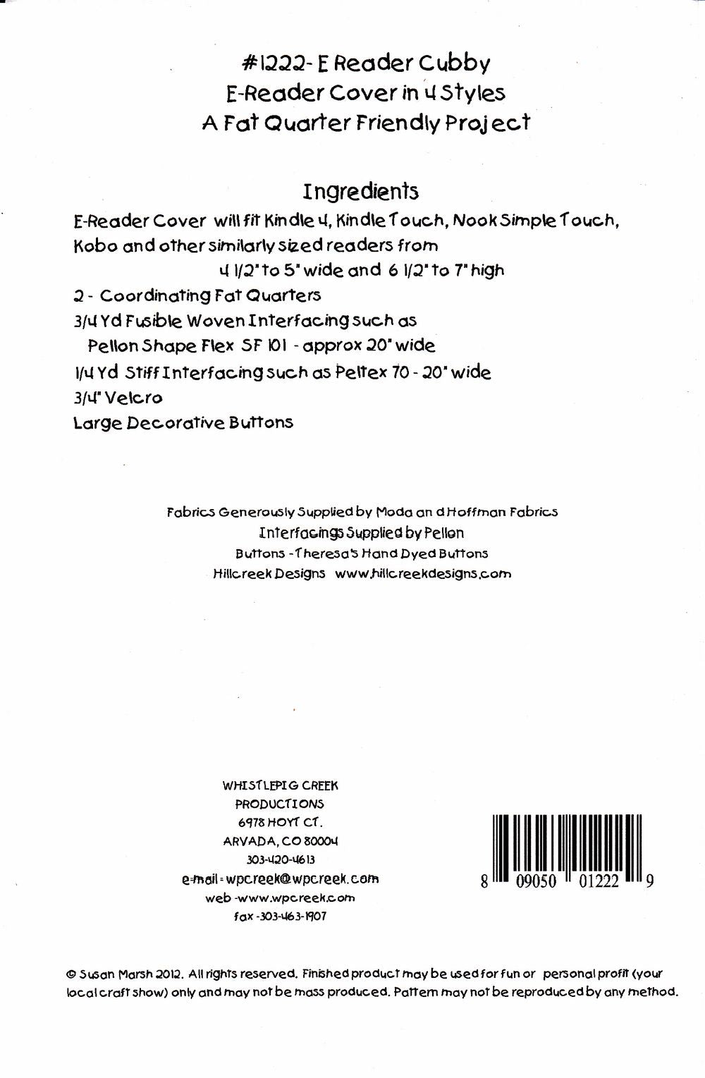 E-Reader Cubby Sewing Pattern by Sue Marsh for Whistlepig Creek Productions