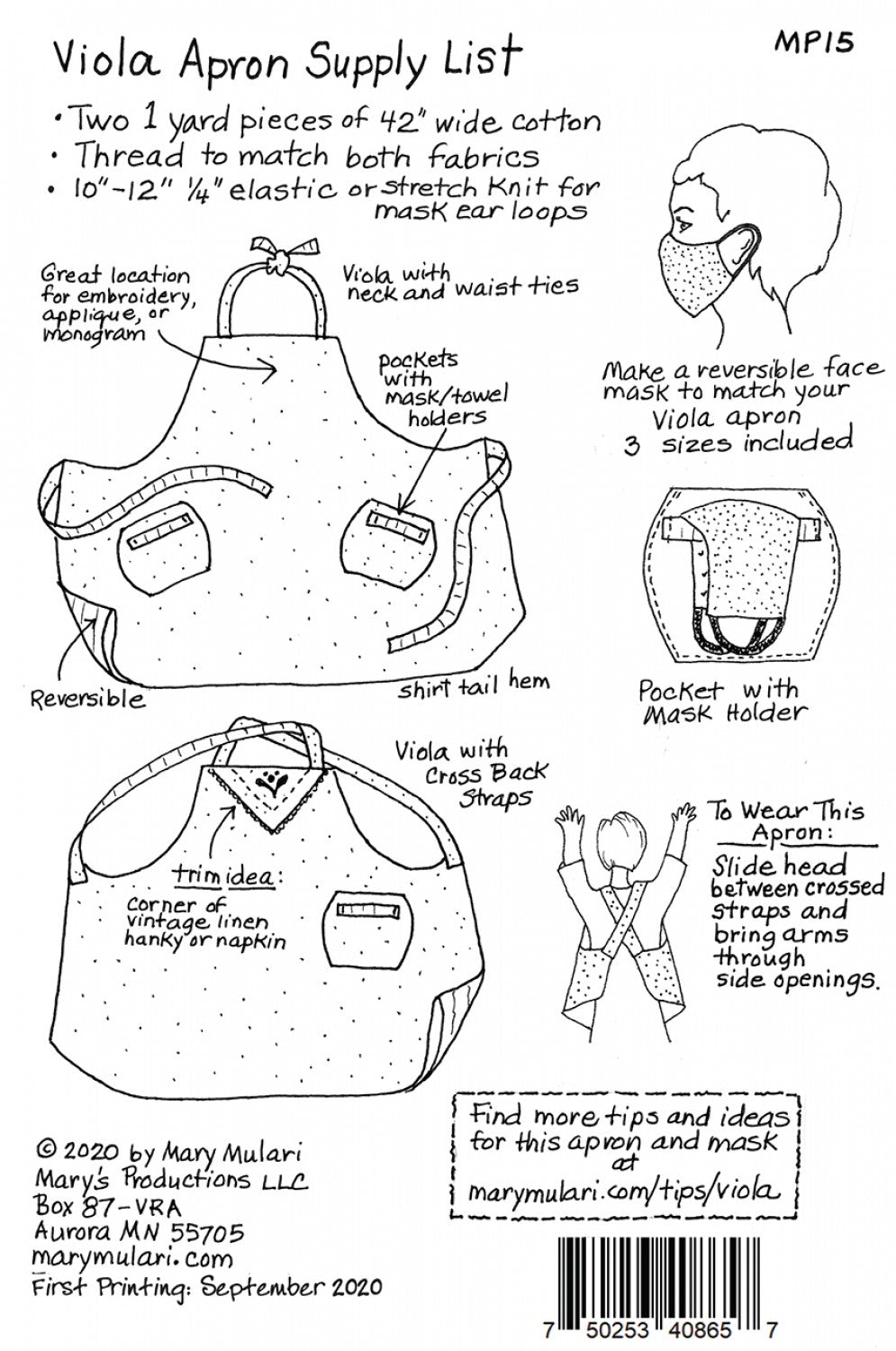 Viola Apron Sewing Pattern by Mary Mulari of Mary's Productions