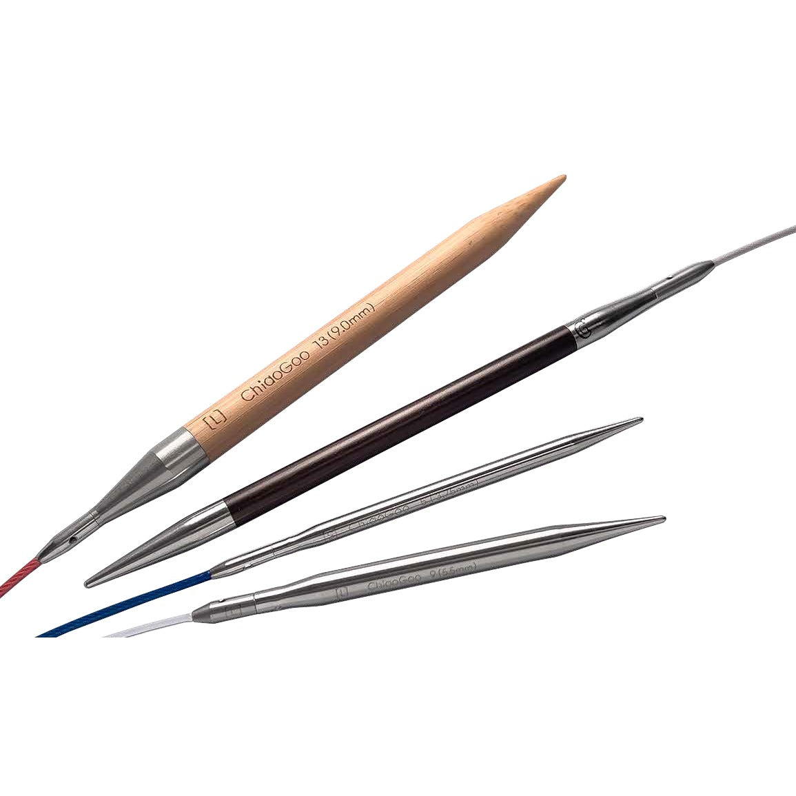 Four ChiaoGoo interchangeable knitting needle tips of different lengths fanned on a white background: a bamboo tip, a dark FORTÉ tip, and two stainless steel tips, each attached to a cable.