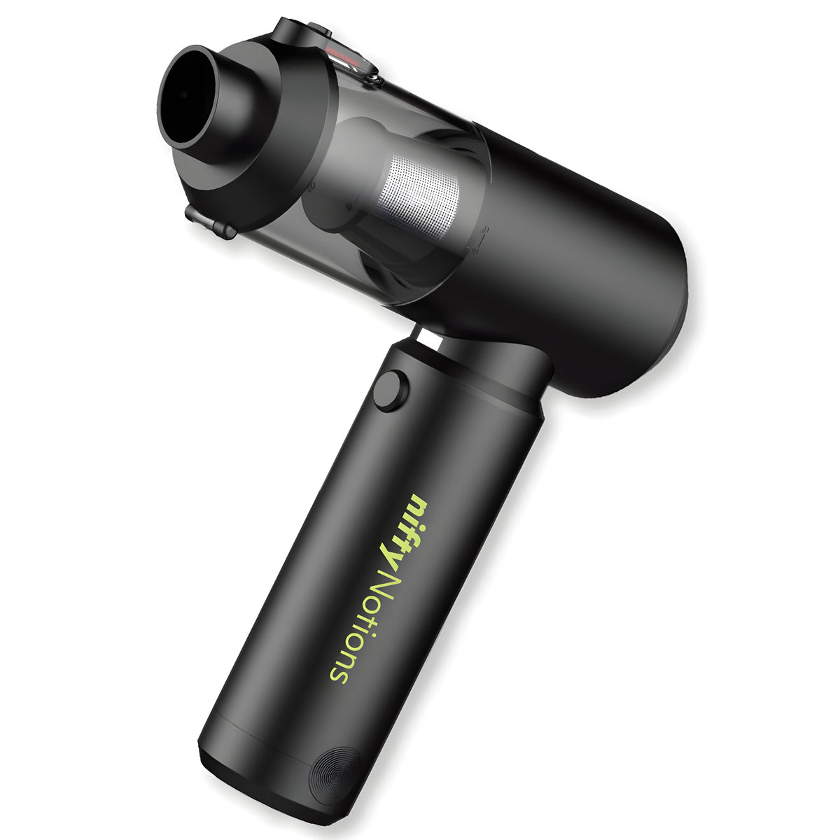 Nifty Notions SewClean Portable Vacuum & Power Bank in black, shown at a three-quarter angle on white with the clear dust cup at the front and the green Nifty Notions logo on the battery handle.